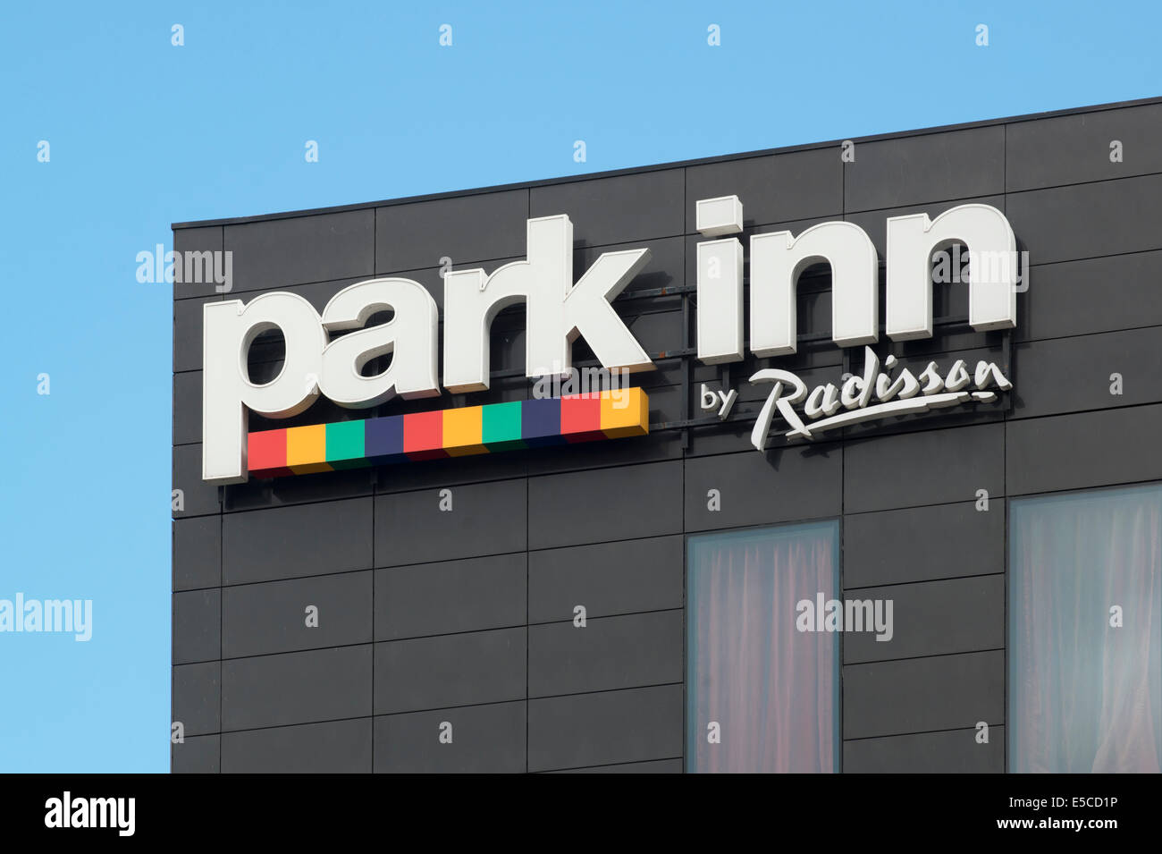 Logo of Park Inn by Radisson hotel on Cheetham Hill Road, Manchester. (Editorial use only). Stock Photo
