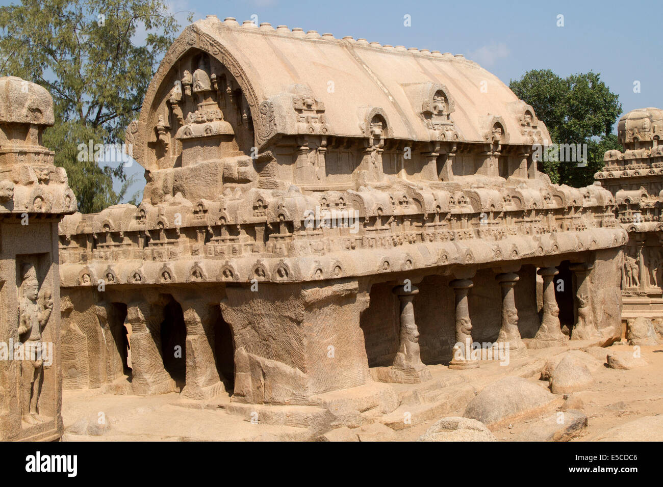 Rathas, also called pagodas,are small shrines chiseled out of solid stone boulders in the form of temple chariots eith Bhima Rat Stock Photo