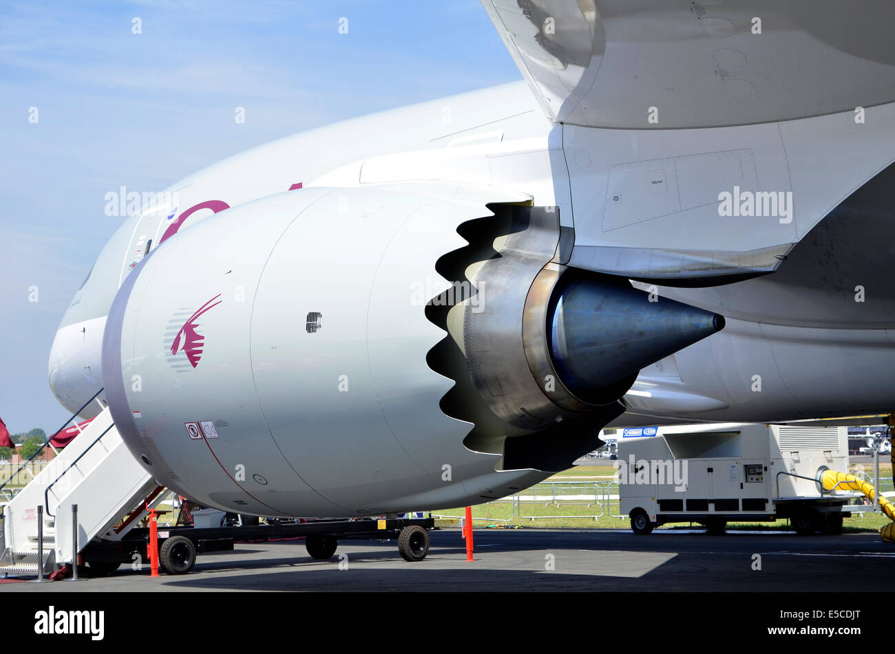 General Electric GEnx jet engine nacelle and exhaust, showing noise-reducing chevrons, on a Boeing 787 Dreamliner operated by Qatar Airways Stock Photo
