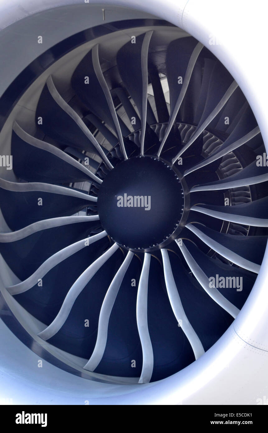 General Electric GEnx jet engine fan blades detail on a Boeing 787 Dreamliner operated by Qater Airways on display at Farnrborough Airshow Stock Photo