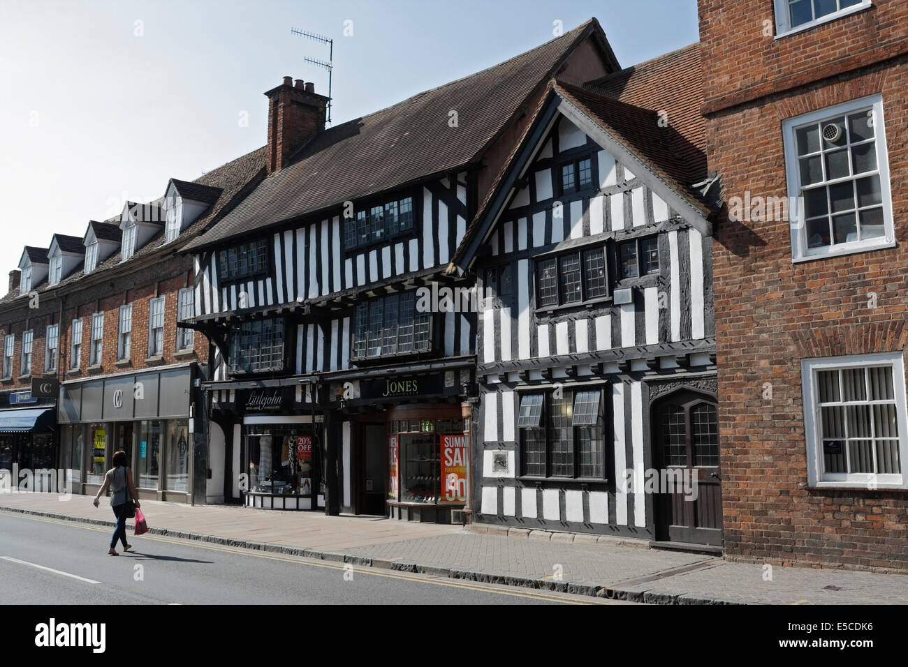 Wood street in Stratford upon Avon England, English Timbered Buildings, grade 2 listed. town centre, 16th century architecture Stock Photo