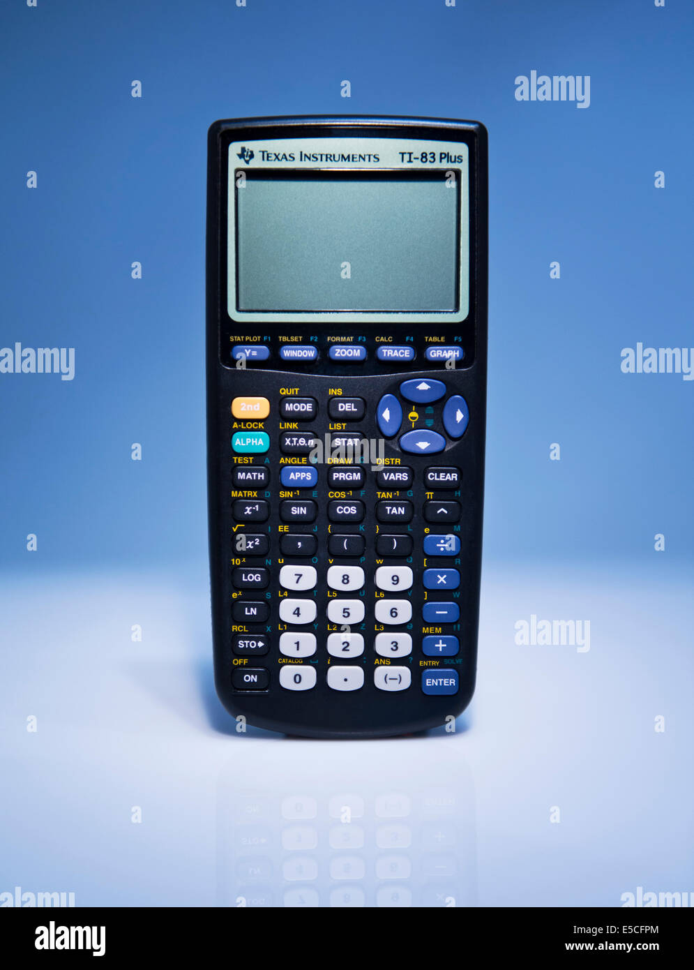 Detail front view of a Texas Instruments TI-83 Plus Graphing Calculator. Stock Photo