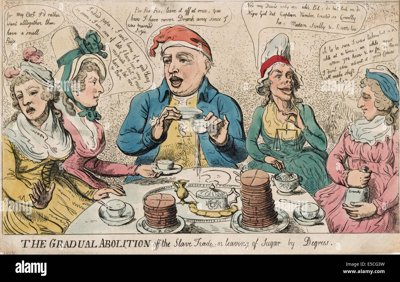 The gradual abolition of the slave trade or leaving of sugar by degrees -  George III sitting at a table with the Queen and two of his daughters, and the Queen's Keeper of the Robes, Juliana Elizabeth Schwellenbergen holding a bottle of 'Brandy', discussing the use of sugar in moderation. Princess Elizabeth states that 'of late I have been very moderate. But I must have a bit now & then'; while her sister would 'rather want altogether  than have a small Piece'. The title is a play on the words 'of' and 'off'; the 'abolition' of 'the slave trade or leaving' off 'sugar by degrees', 1792 Stock Photo