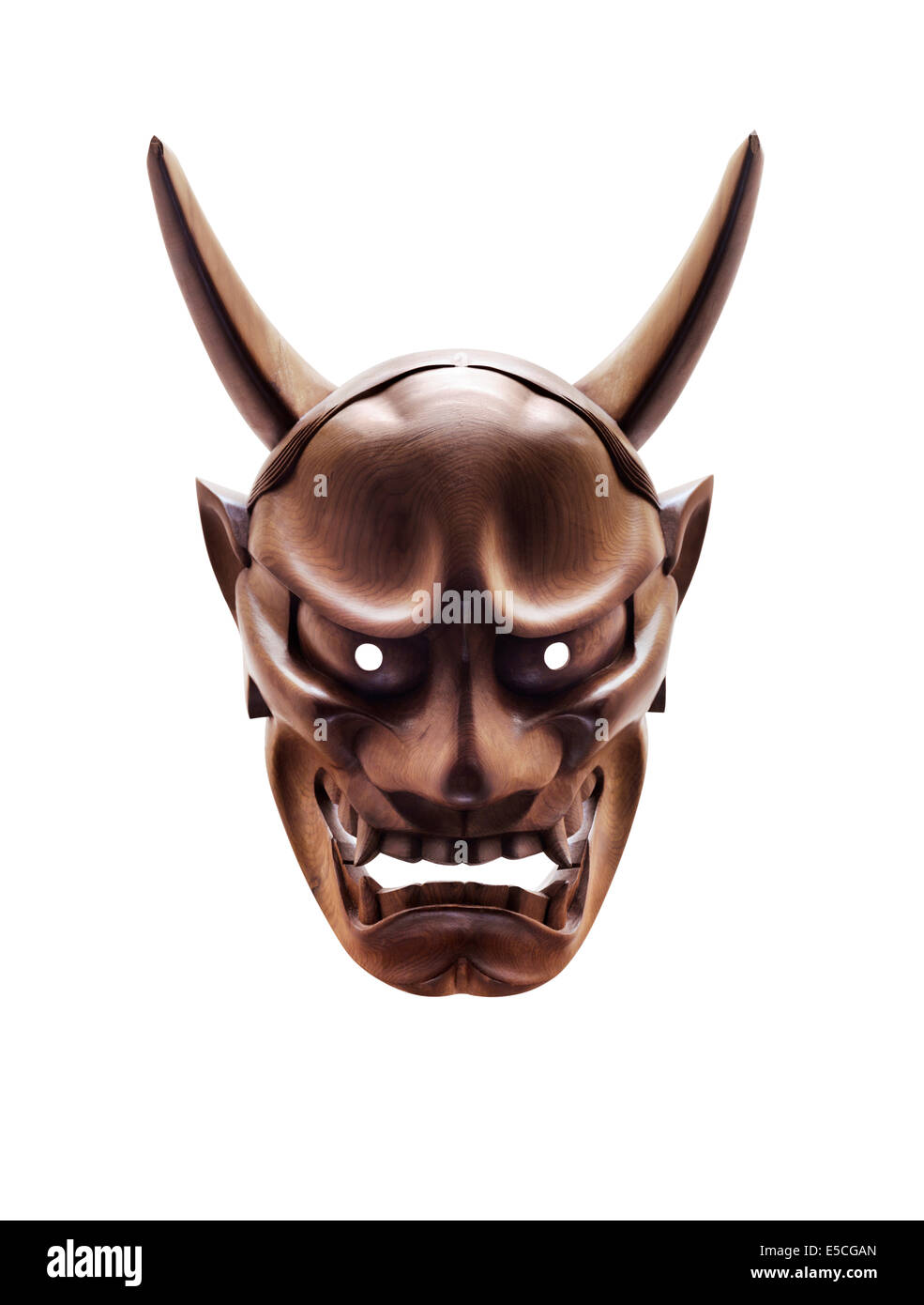 The Hannya wooden mask used in Japanese Noh theater, representing a jealous female demon. Isolated on white background with clip Stock Photo