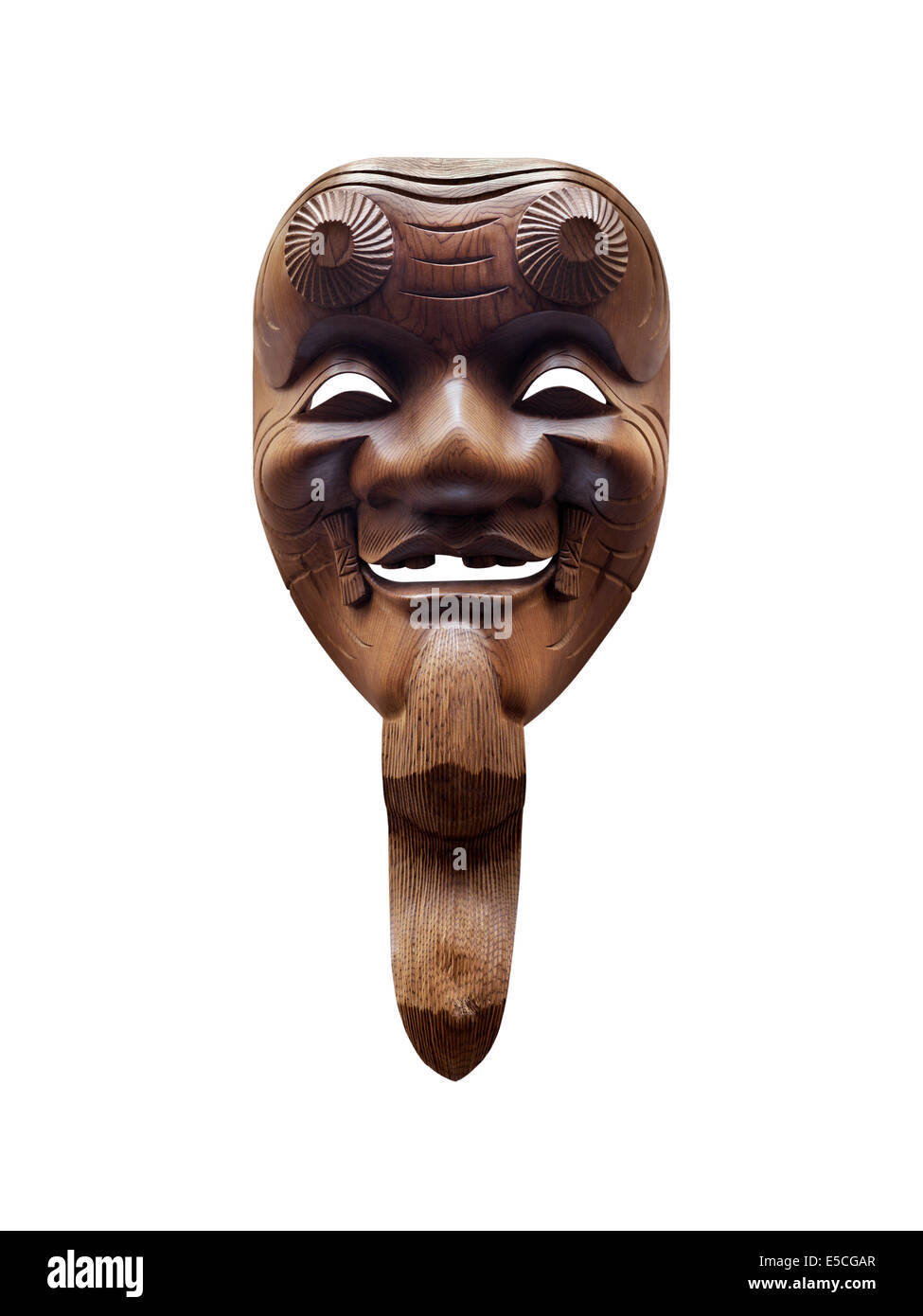Okina wooden mask used in Japanese Noh theater, representing a happy old man Shikisanban. Isolated on white background with clip Stock Photo