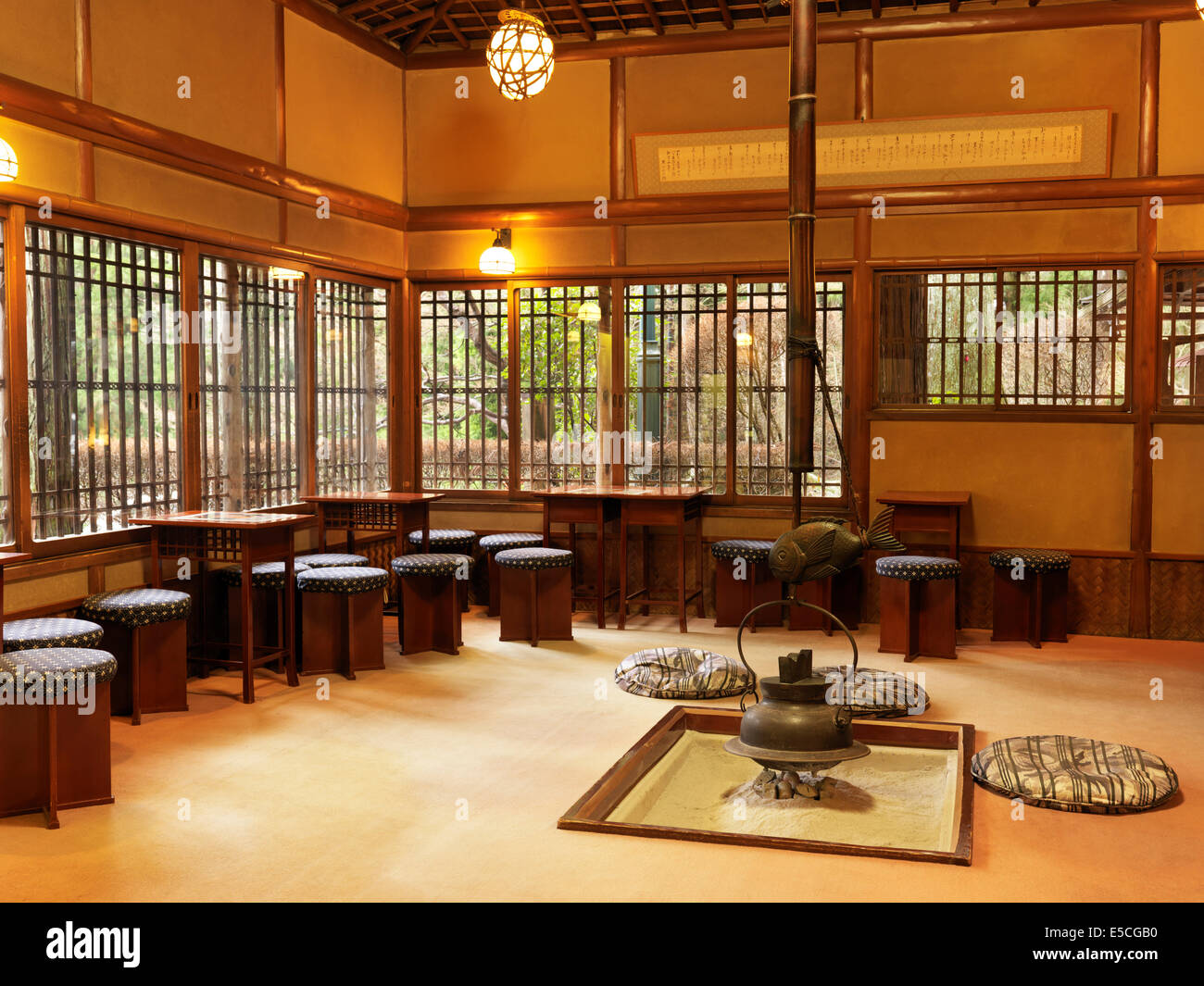 Public tea room at a restaurant in a Japanese ryokan hotel. Gero, Japan. Stock Photo