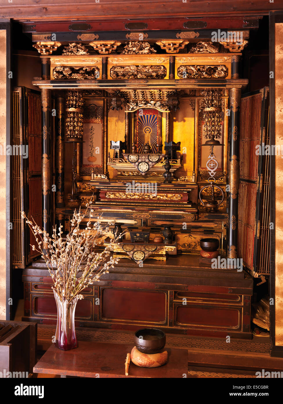 Butsudan Japanese Buddhist altar in a historic Japanese house at Gero Onsen Gassho Village, Gifu Prefecture, Japan 2014 Stock Photo