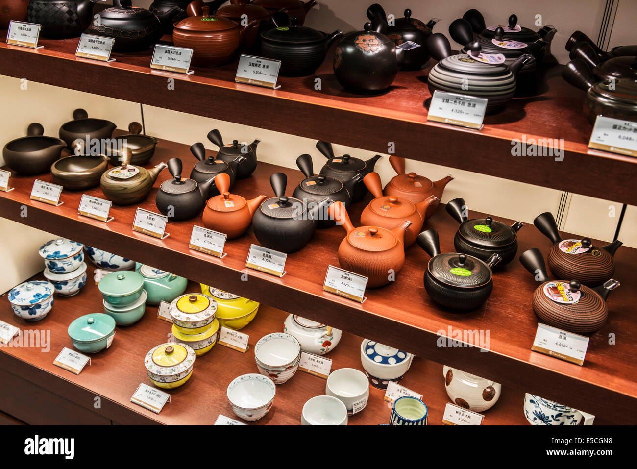 Japanese Tokoname yaki clay teapots on display in a store. Tokyo, Japan. Stock Photo