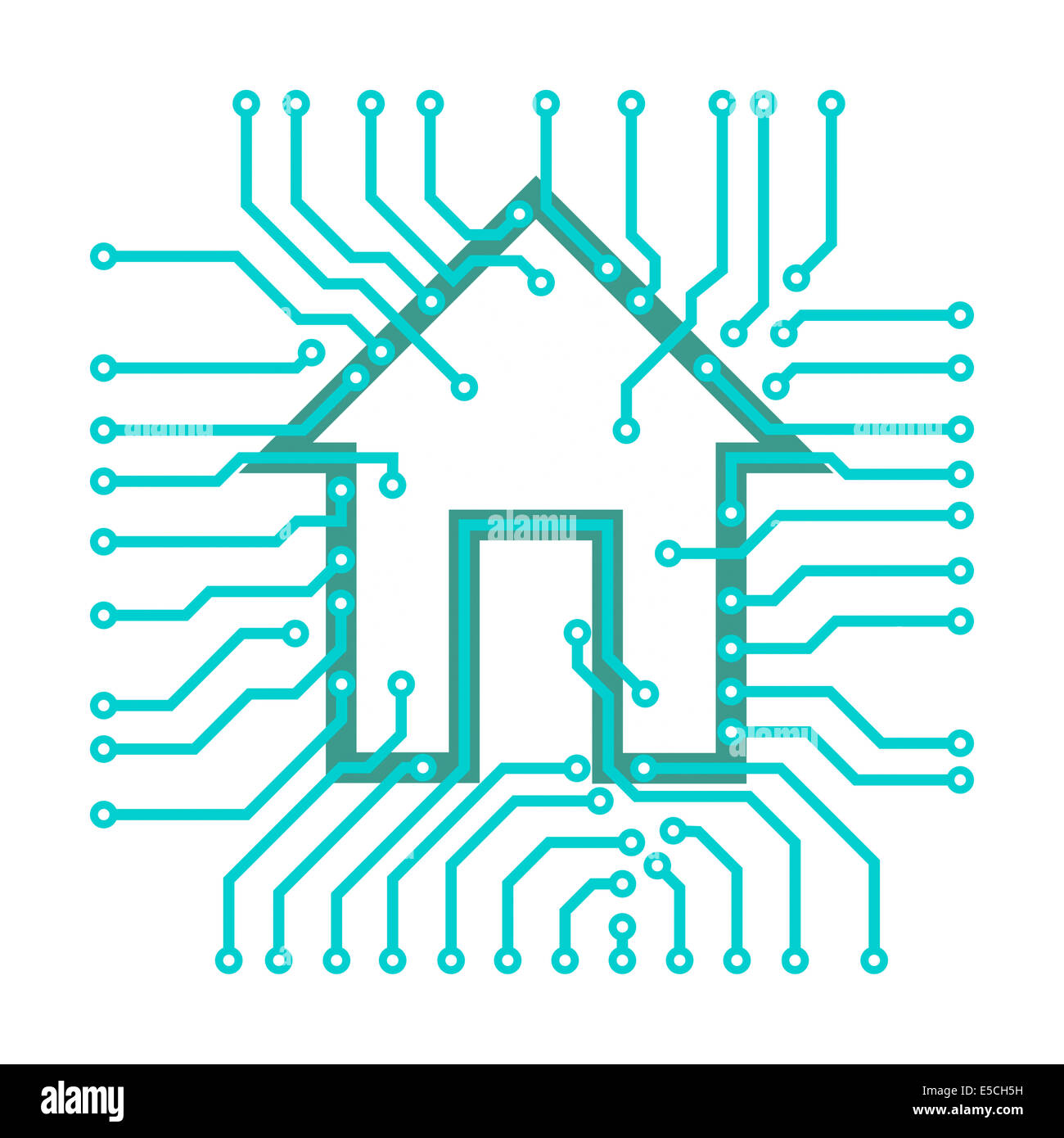 Connected home symbol conceptual illustration of PCB circuits with a house symbol isolated on white background. Vector illustrat Stock Photo
