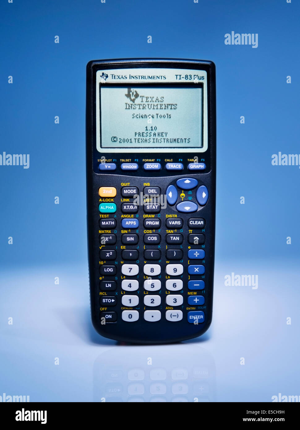 Detail front view of a Texas Instruments TI-83 Plus Graphing Calculator. Stock Photo