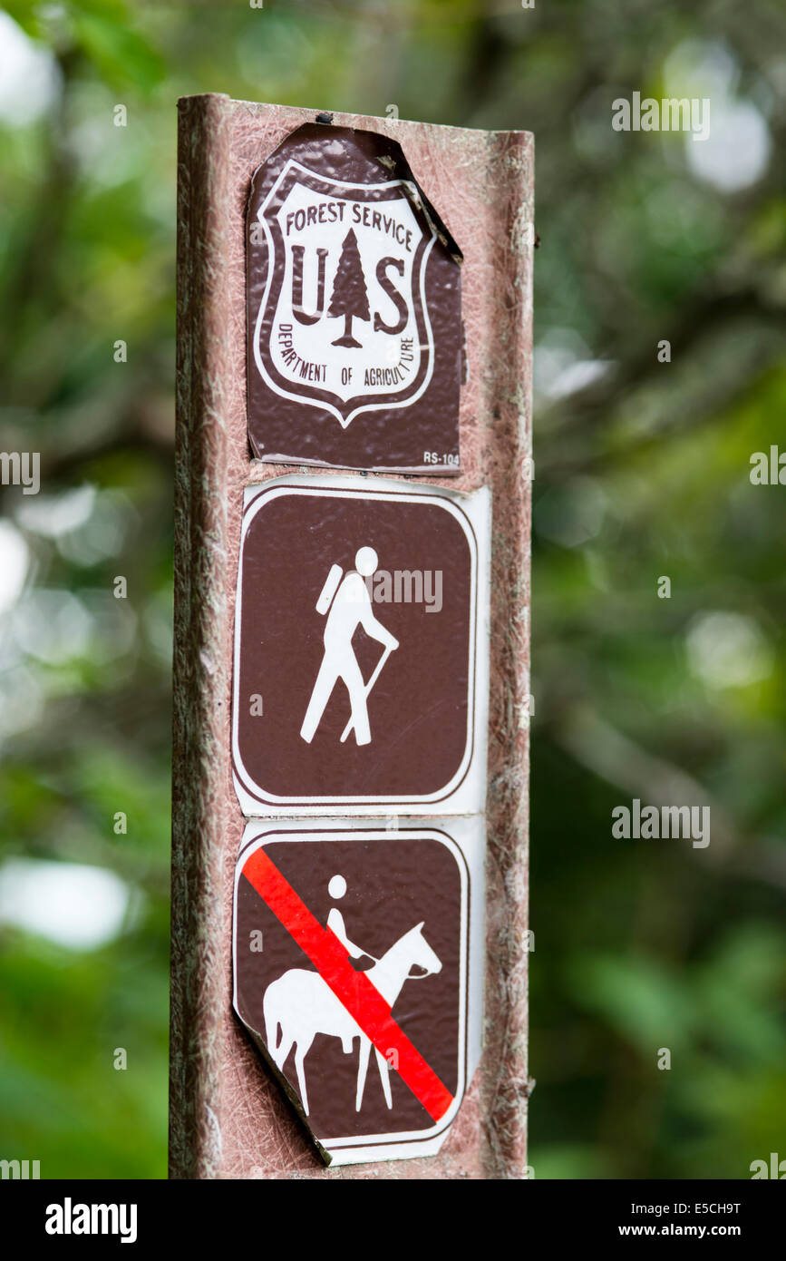 US Forest Service no horseback sign on a hiking trail off of the Blue Ridge Parkway Stock Photo
