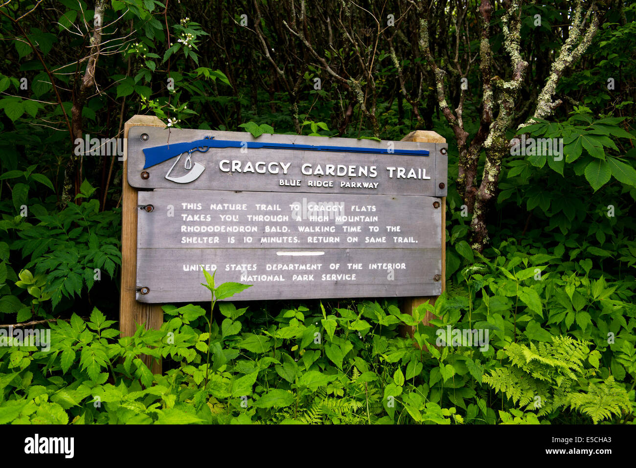 Craggy Gardens Trail Sign on the Blue Ridge Parkway Stock Photo