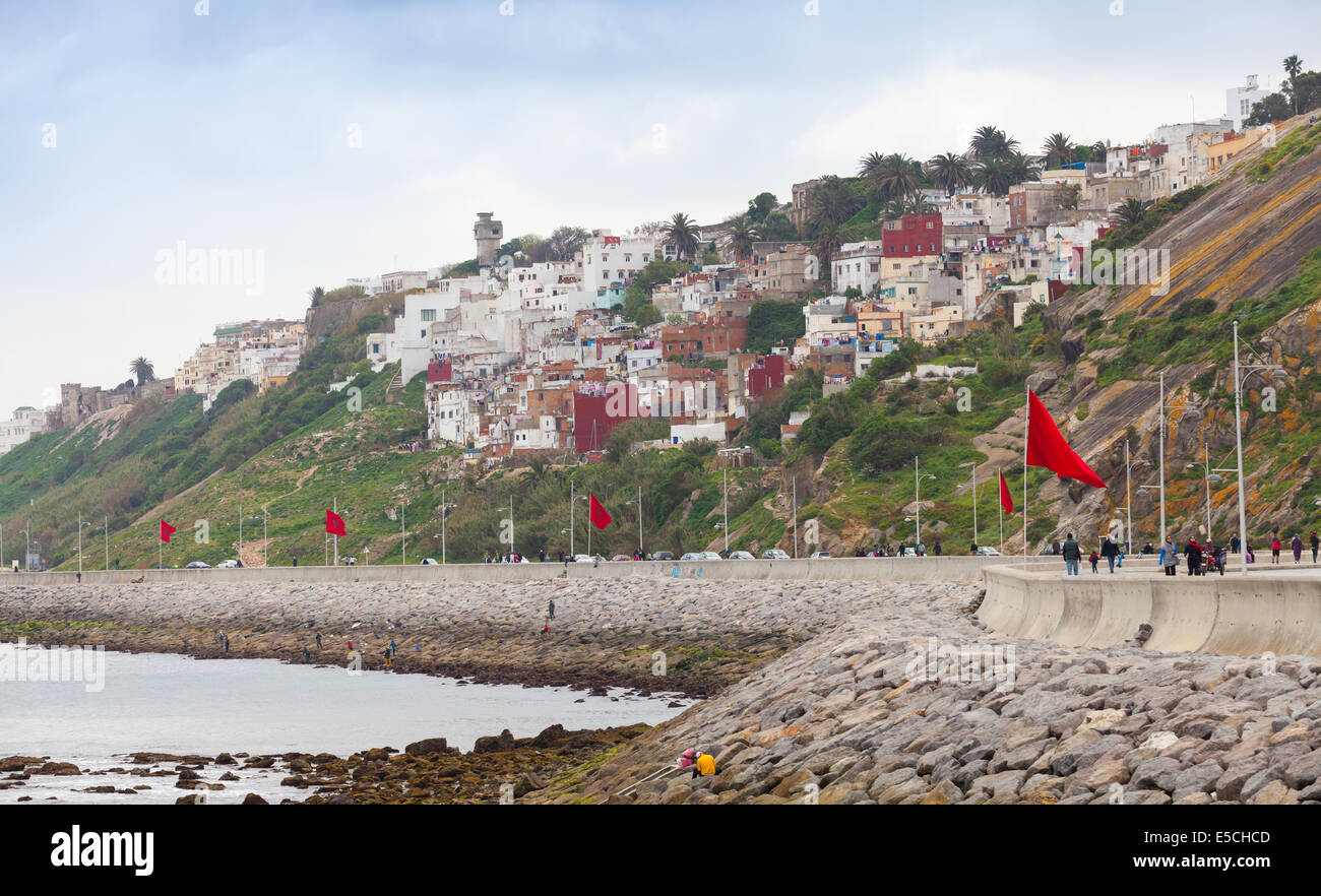 Coastal street panorama with flags, Tangier, Morocco Stock Photo