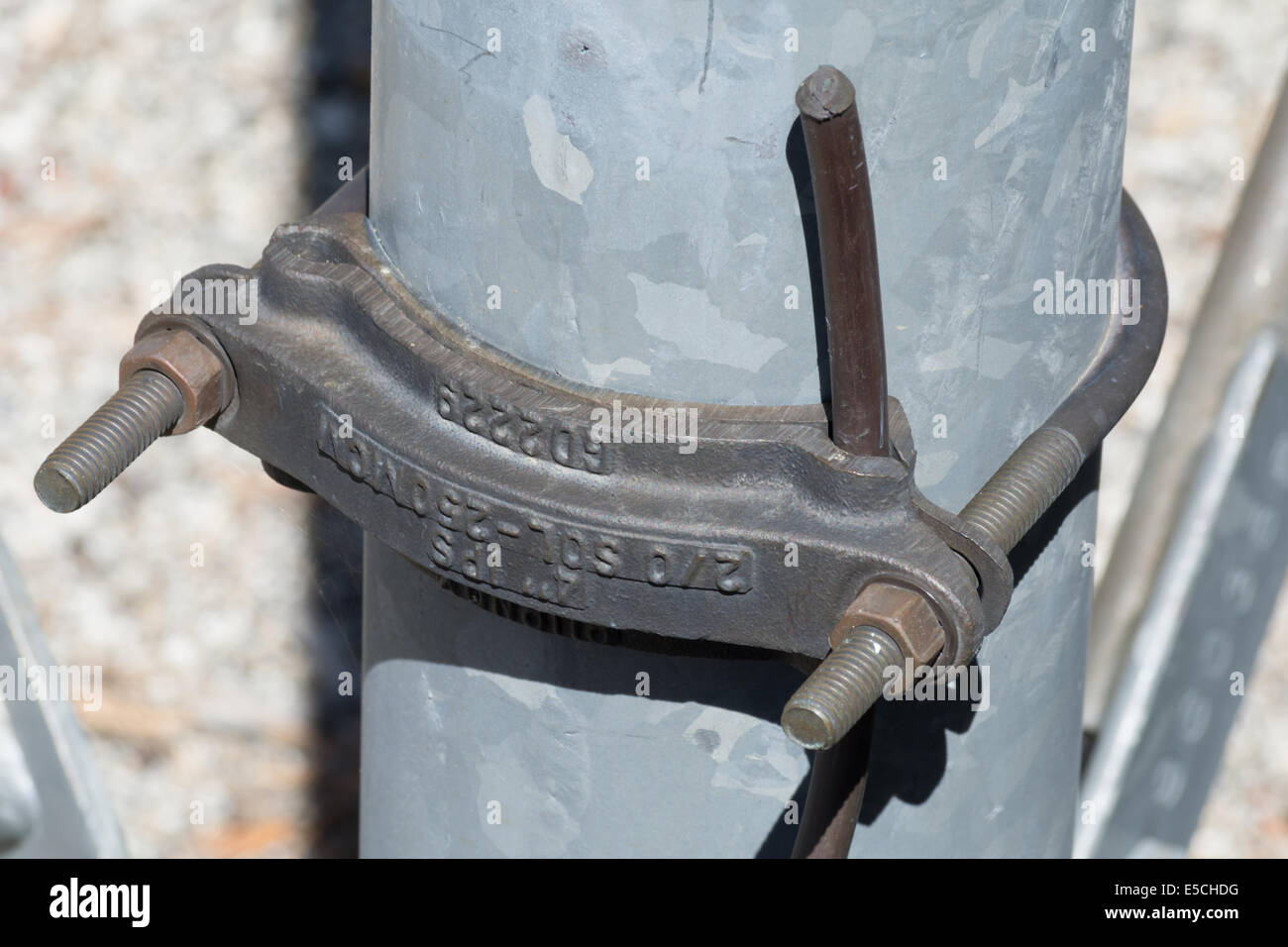 Grounding bracket on radio tower Stock Photo