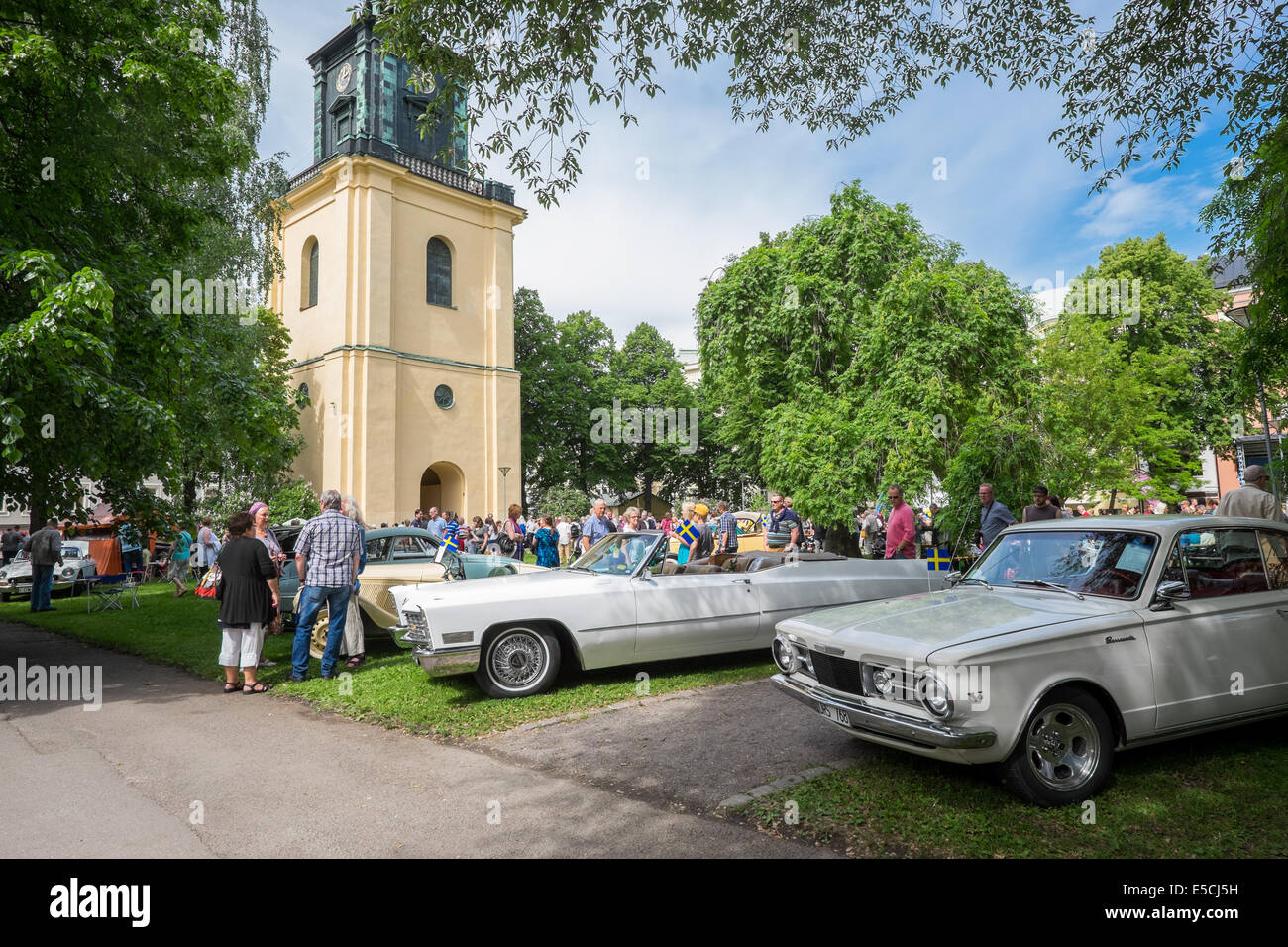 Antique cars at show in the Olai Park during National day celebrations in Norrkoping, Sweden. Stock Photo