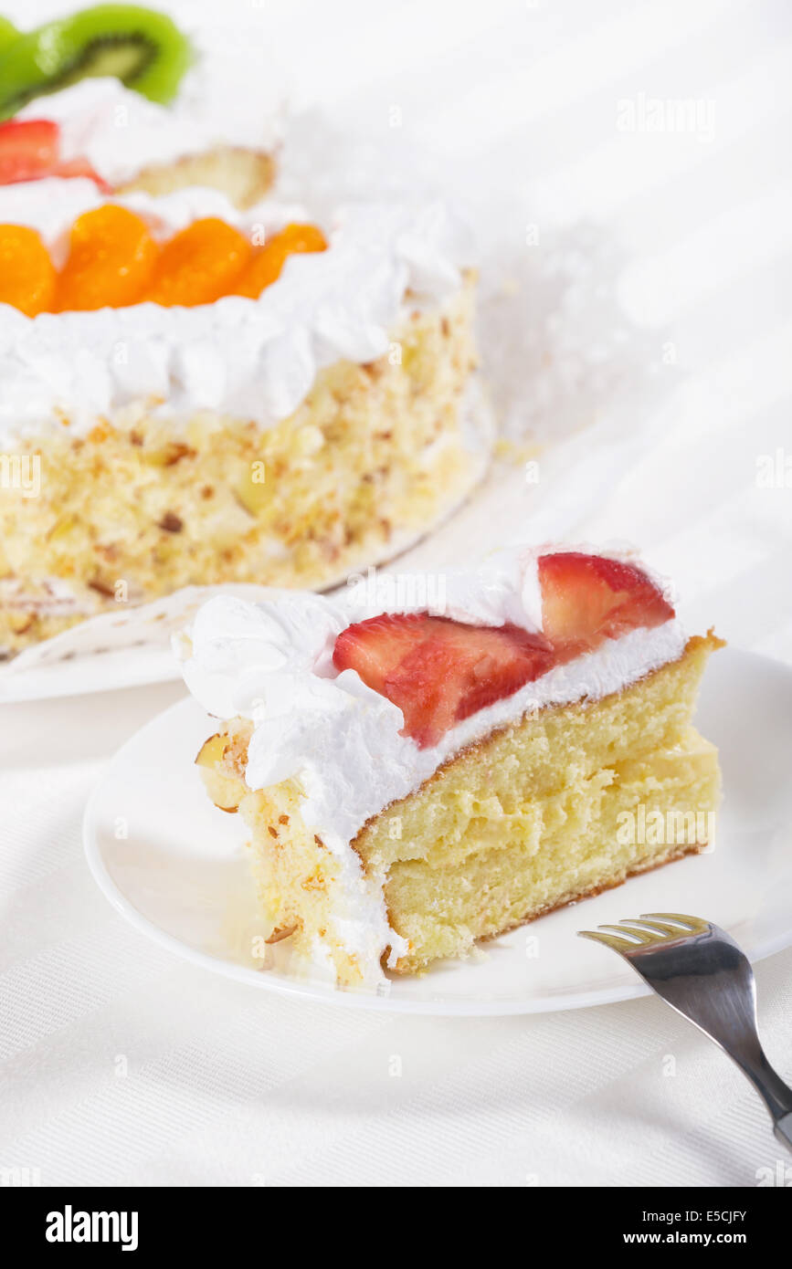 Slice of fresh fruit flan cake with cream Stock Photo Alamy