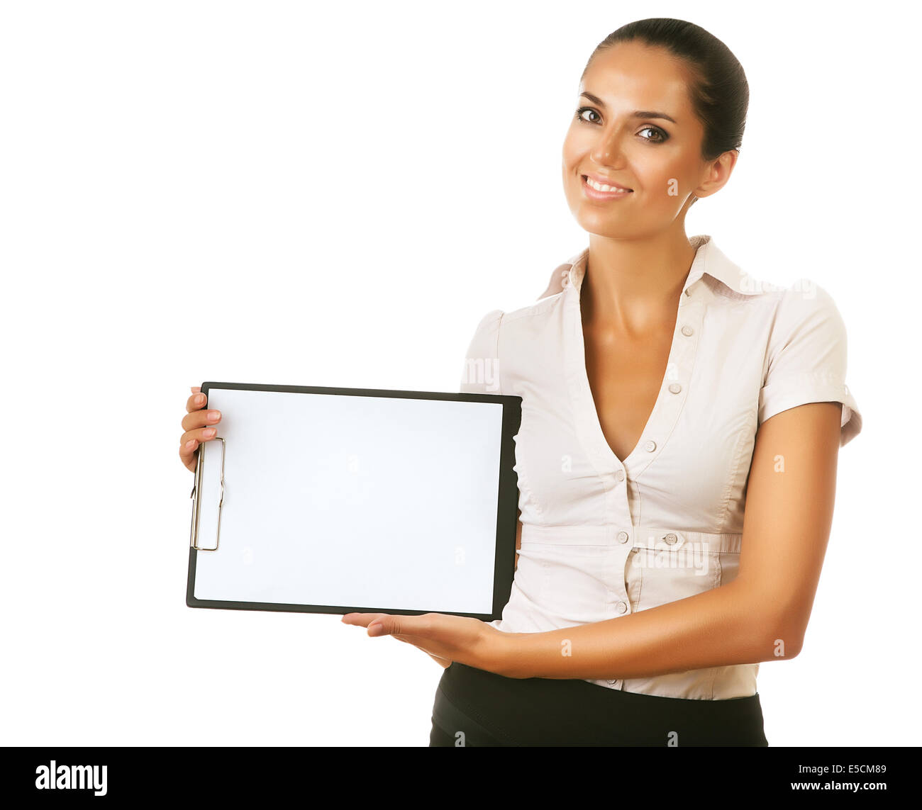 smiling business woman with folder on white background Stock Photo - Alamy