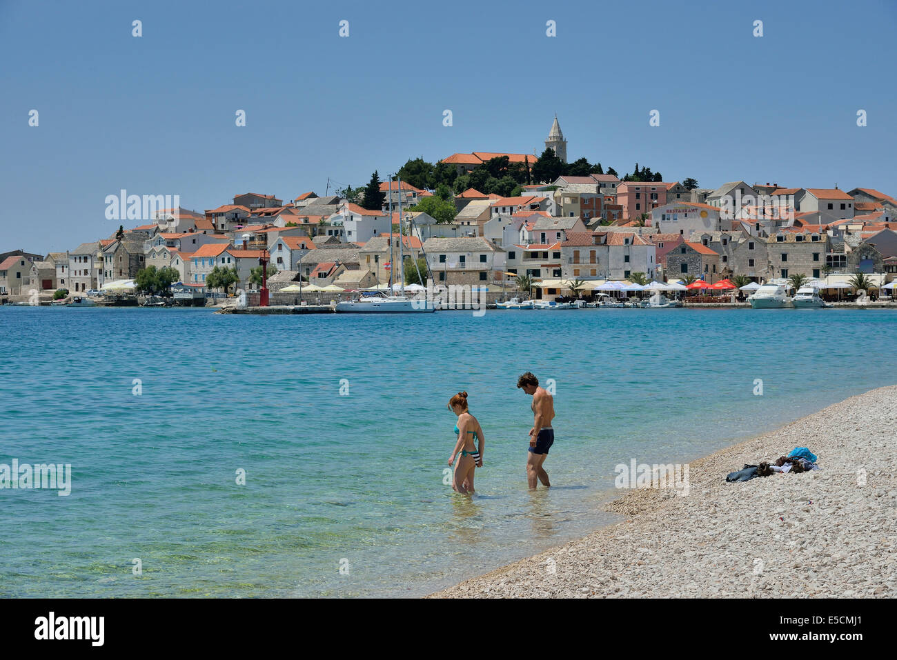 Beach, Adriatic Sea, Primosten, Sibenik-Knin County, Dalmatia, Croatia Stock Photo