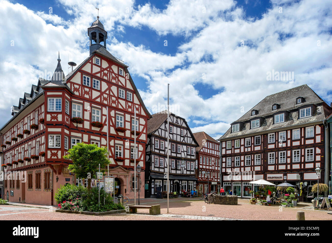 Town Hall, with an inn and a town hall building, historic centre, Grünberg, Hesse, Germany Stock Photo