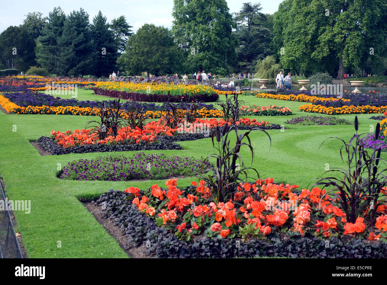 Brightly coloured summer bedding flower beds in Kew Gardens, Surrey
