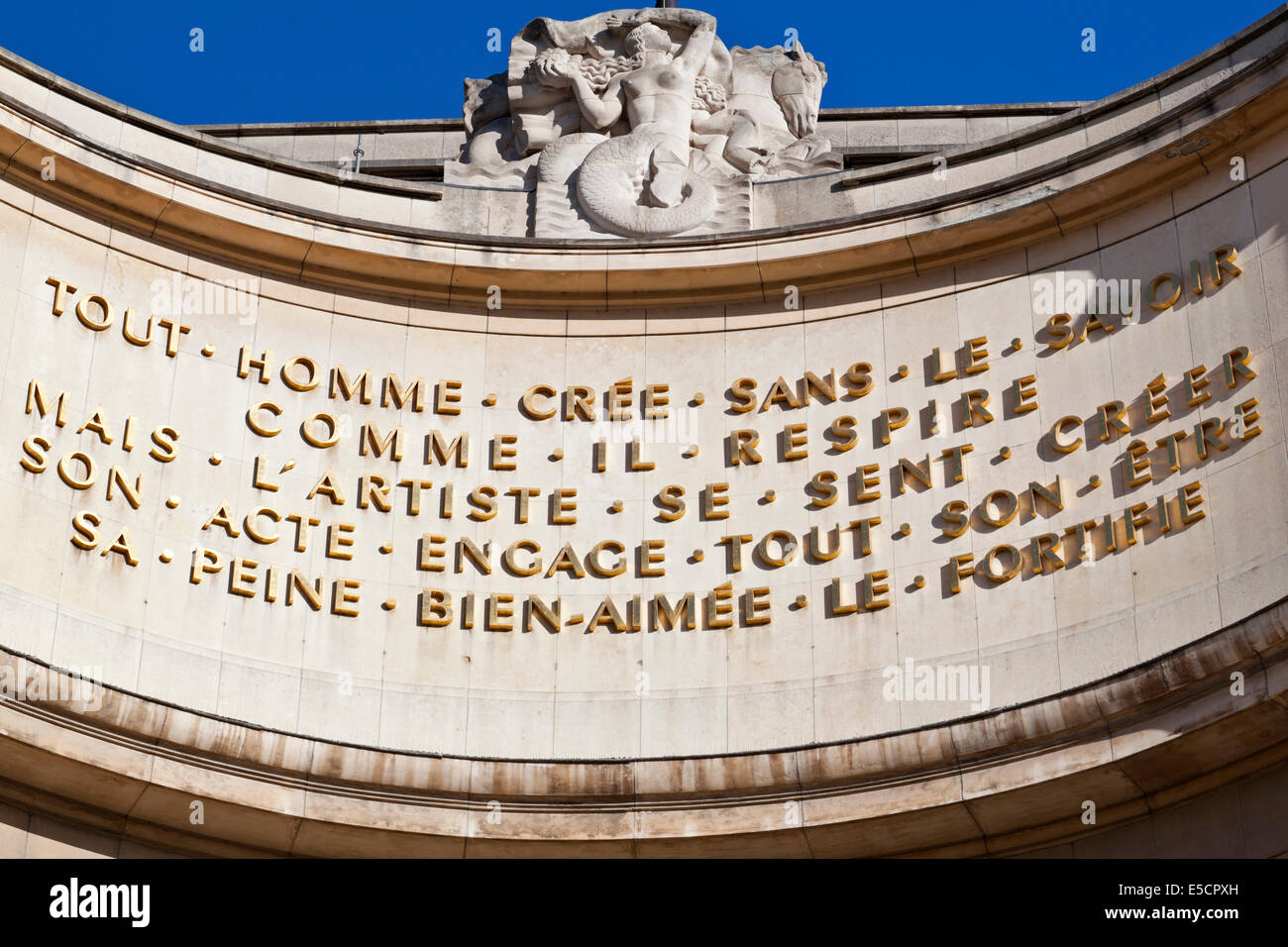 Gold inscriptions of quotations by French poet Paul Valery decorate the upper facade of the Musee de l'Homme (Museum of Man) Stock Photo