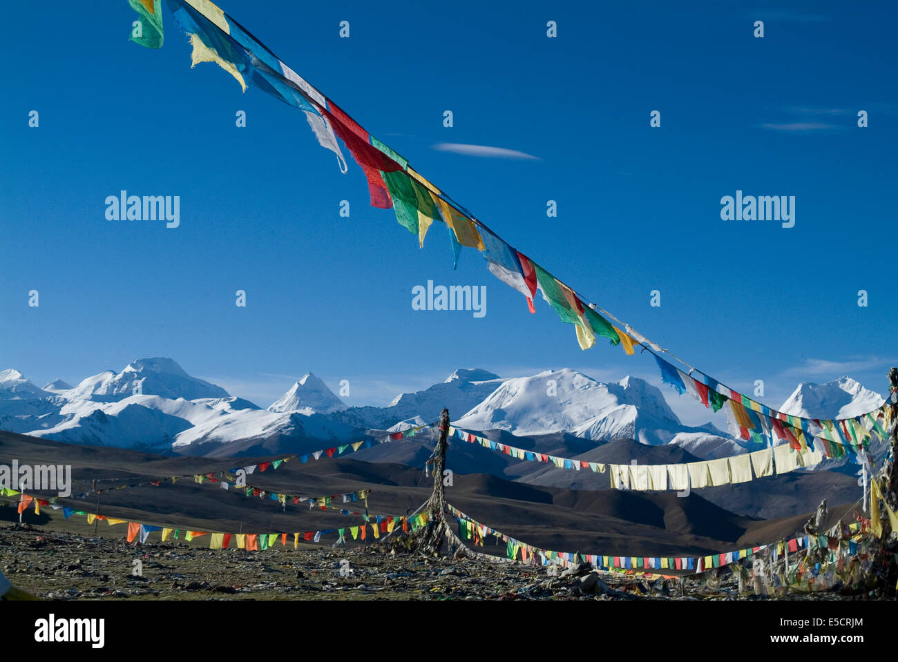 Himalaya Range with prayer flags in the foreground, Tibet, China Stock Photo