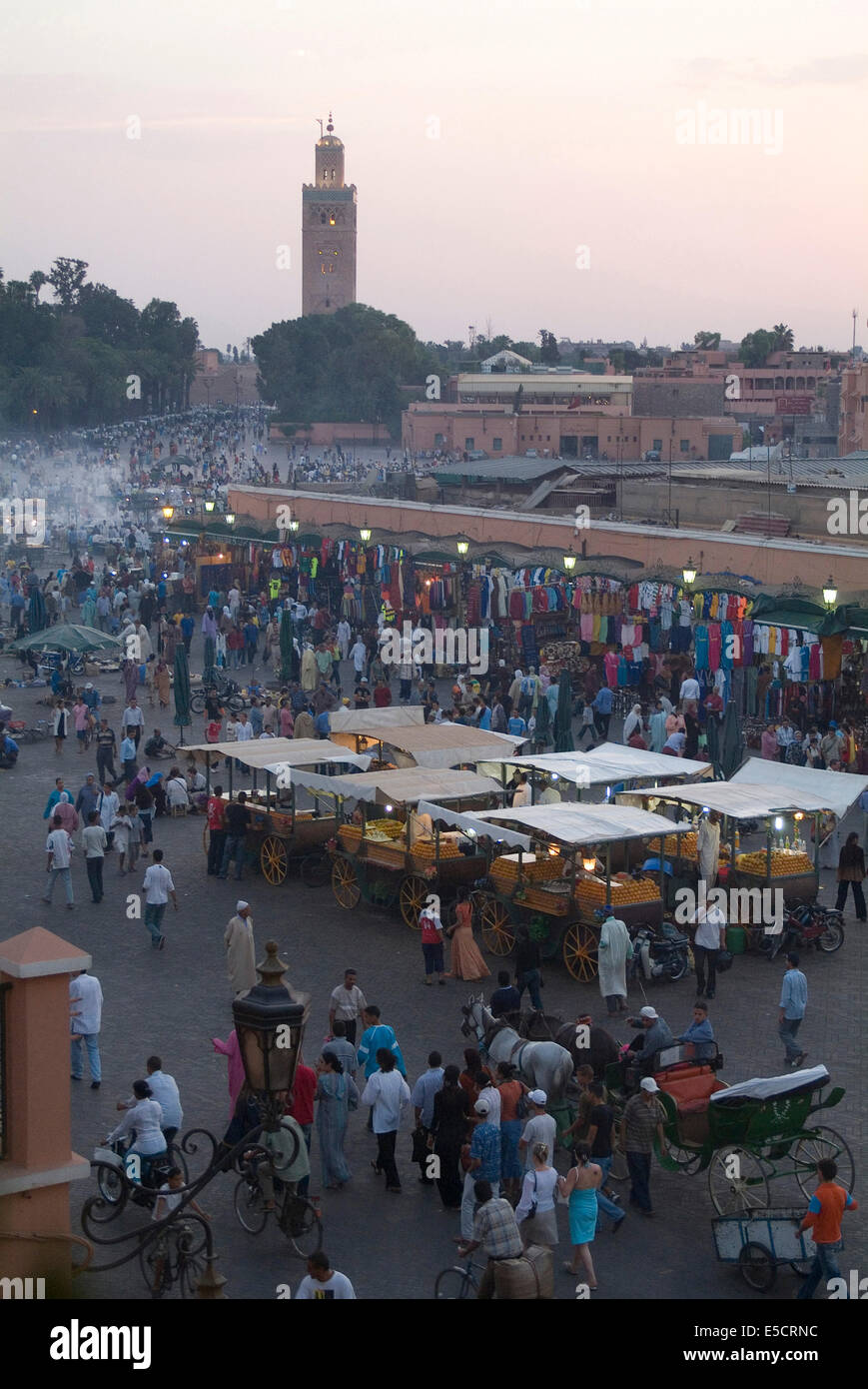 Dusk at the Jemaa el Fna, city square, UNESCO World Heritage site, Marrakech, Morocco Stock Photo