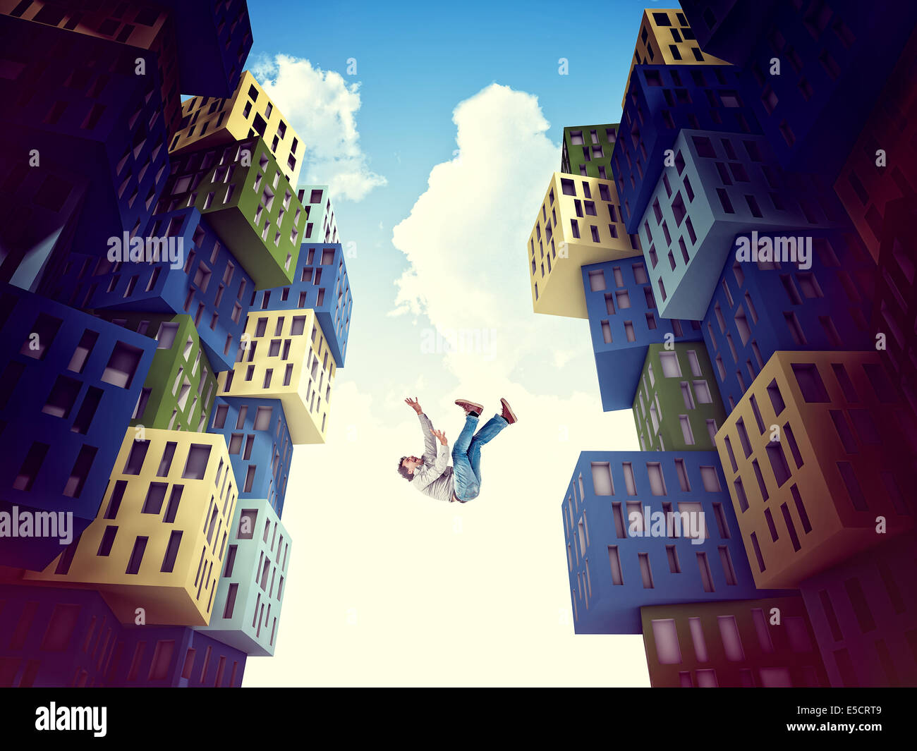 falling man and 3d abstract town Stock Photo