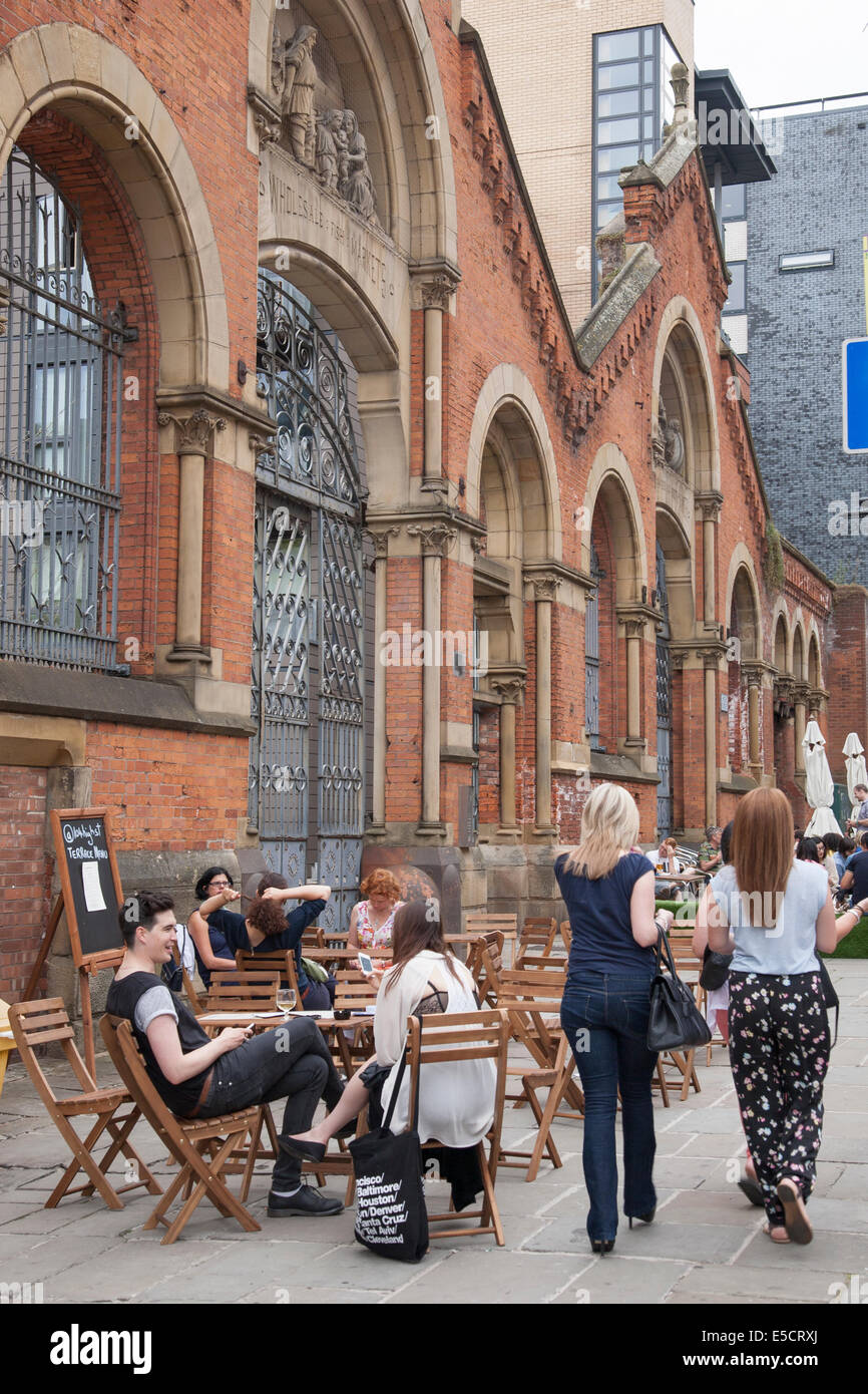 Cafe Terraces outside Old Market, High Street, Northern Quarter, Manchester, England, UK Stock Photo