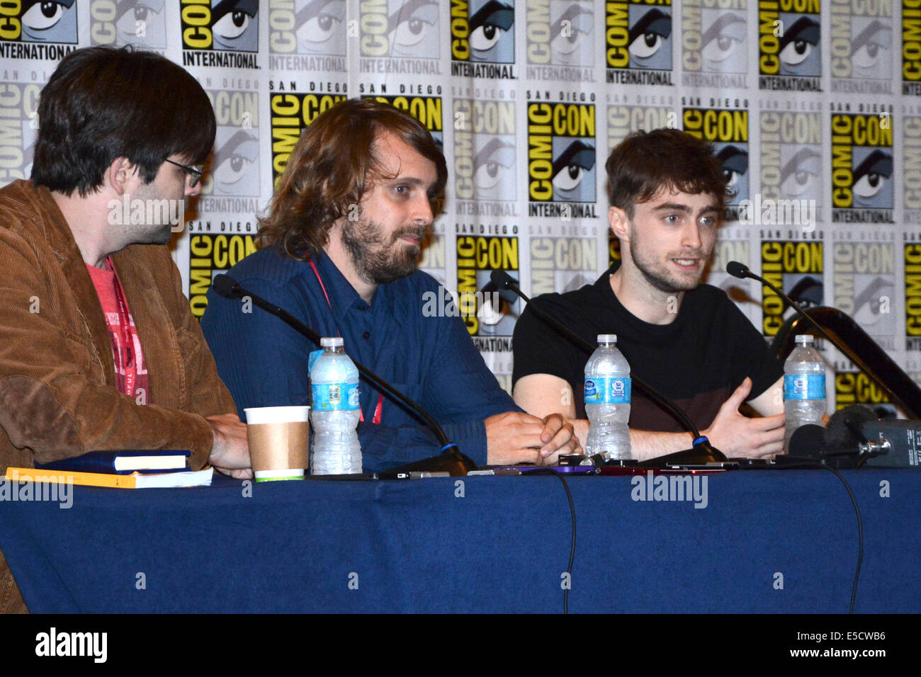 Joe Hill, Alexandre Aja and Daniel Radcliffe attend a panel of the movie 'Horns' at the San Diego Comic-Con International held at the San Diego Convention Center on July 25, 2014 in San Diego. Stock Photo