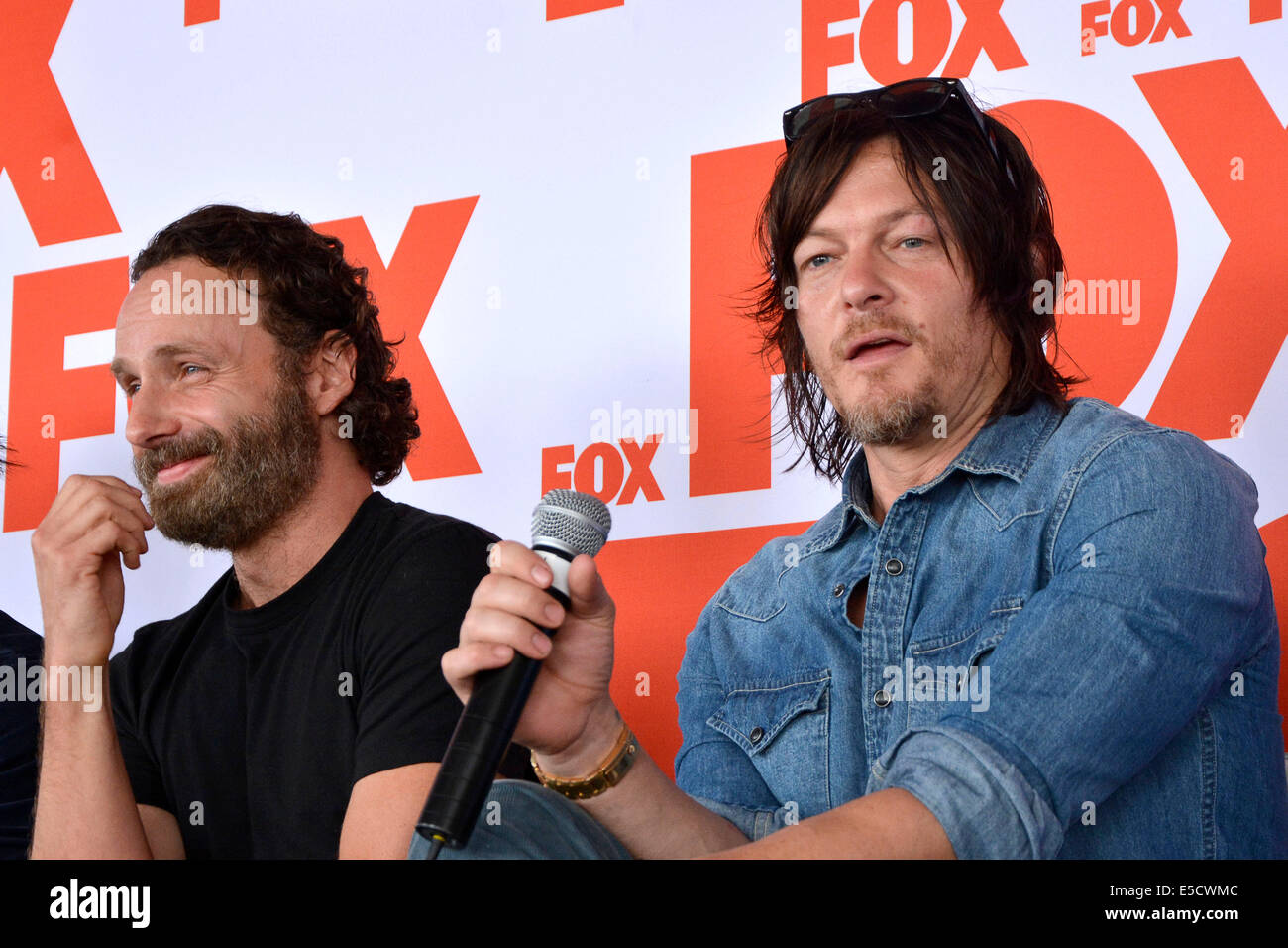 Andrew Lincoln and Norman Reedus attend the FOX Press Breakfast press conference of the series 'The Walking Dead' on July 25, 2014 at the roof lounge of the Andaz Hotel in San Diego during the San Diego Comic-Con International. Stock Photo