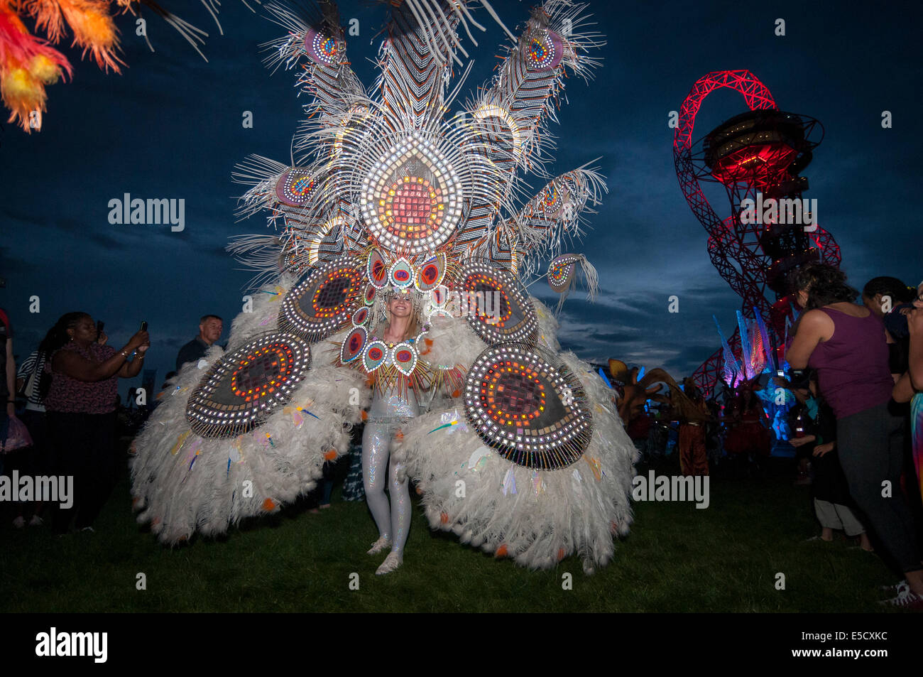 Stratford, London, UK, 27 July 2014.  The Great British Carnival celebrates the second anniversary of the Opening Ceremony of the London 2012 Olympic Games  as well as marking the midway point between the London and Rio Olympics.  The highlight was the Carnival of the Animals finale: featuring homegrown performers, local carnivals from Newham, Hackney, Tower Hamlets and Waltham Forest, musicians and carnivalesque creatures illuminated by pyrotechnic performers from Britain's oldest carnival in Bridgwater.  Credit:  Stephen Chung/Alamy Live News Stock Photo