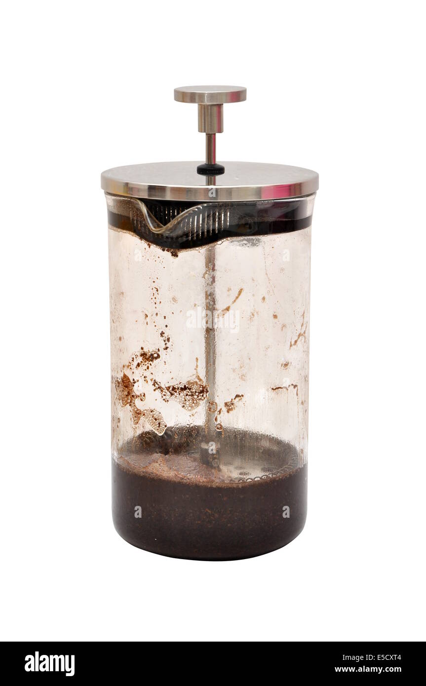 Breakfast is over. Empty French press with coffee sediment Stock Photo