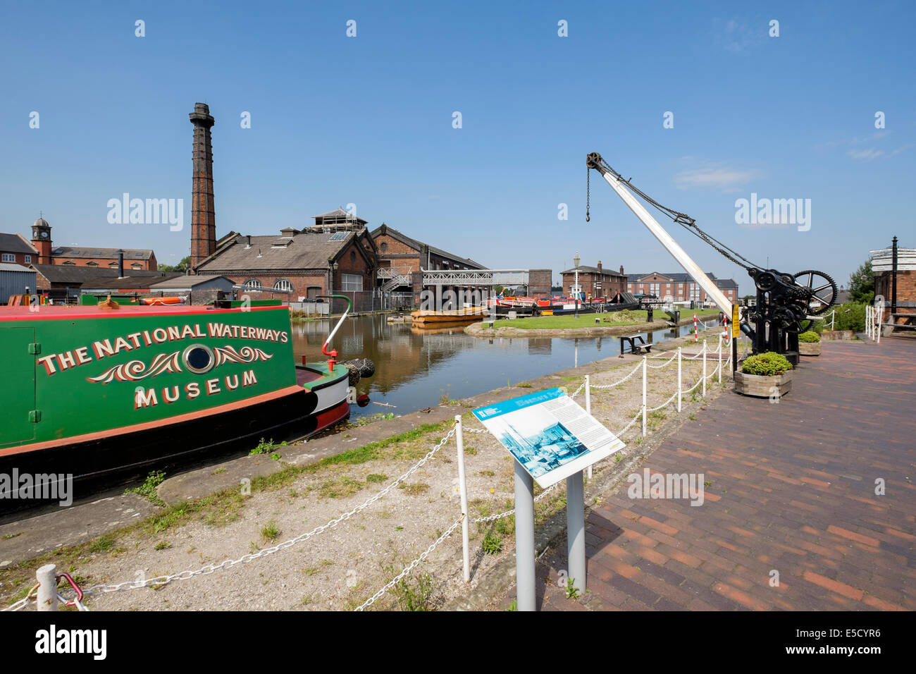 Shropshire Union Canal with information board at National Waterways Museum in Ellesmere Port Wirral Cheshire England UK Britain Stock Photo