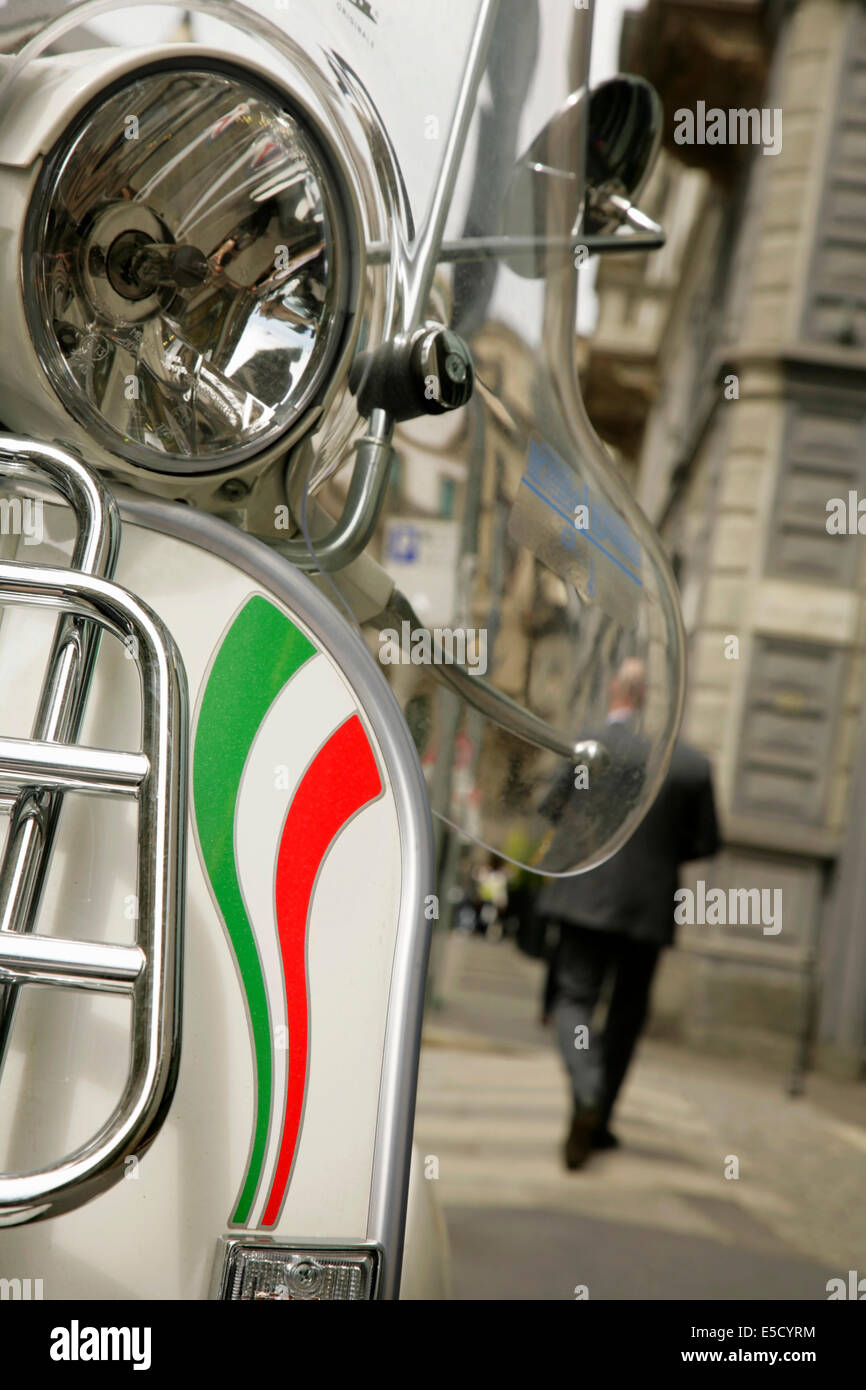 Special edition Vespa motorscooter commemorating 150 years of the unification of Italy, parked in Milan. Stock Photo