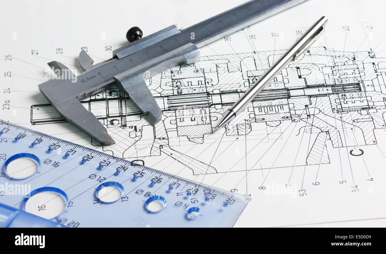calipers on the background of mechanical drawing Stock Photo Alamy