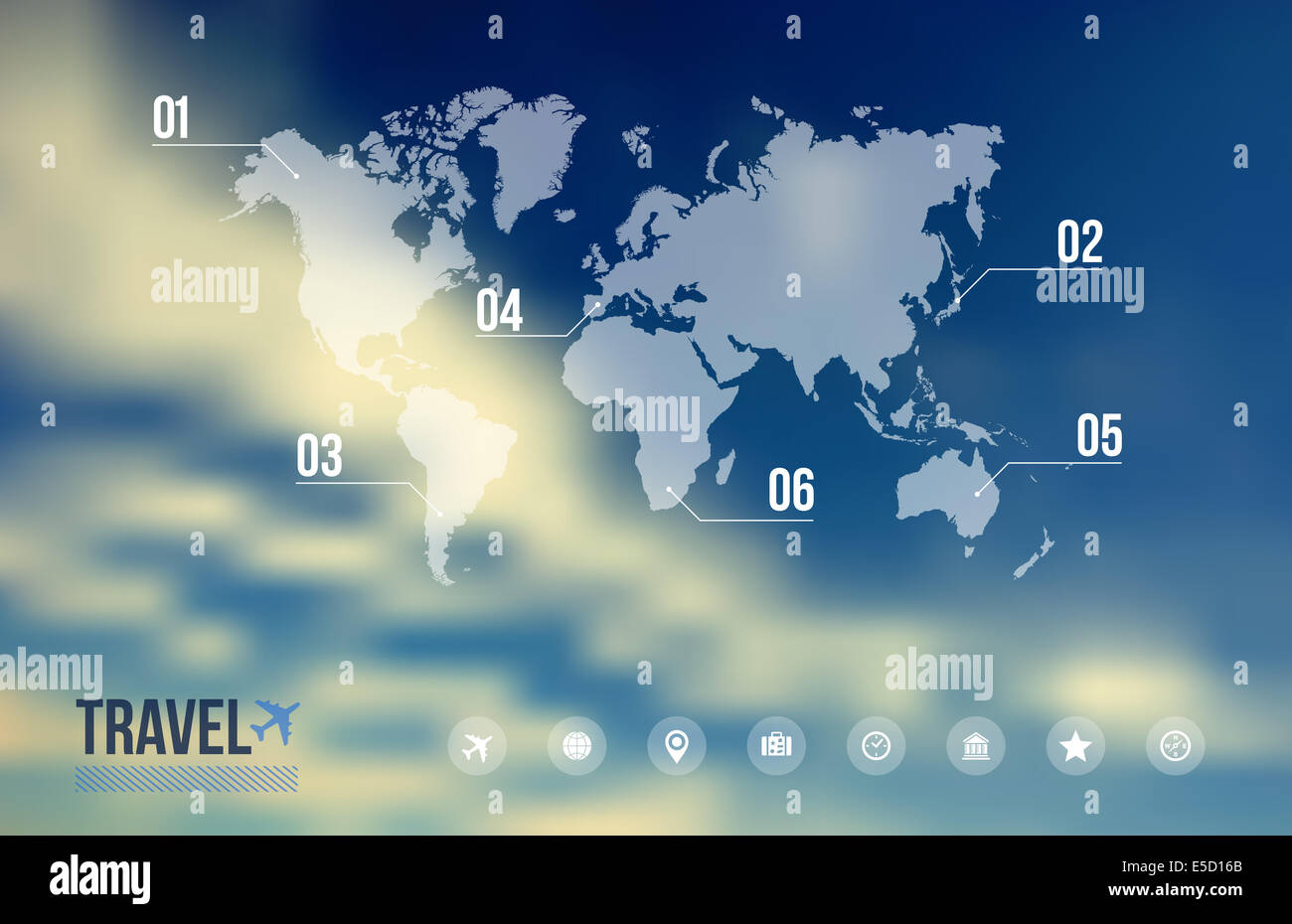 Travel by plane infographic, world map and icons vacation over sky blue blurred effect background. EPS10 vector file with transp Stock Photo