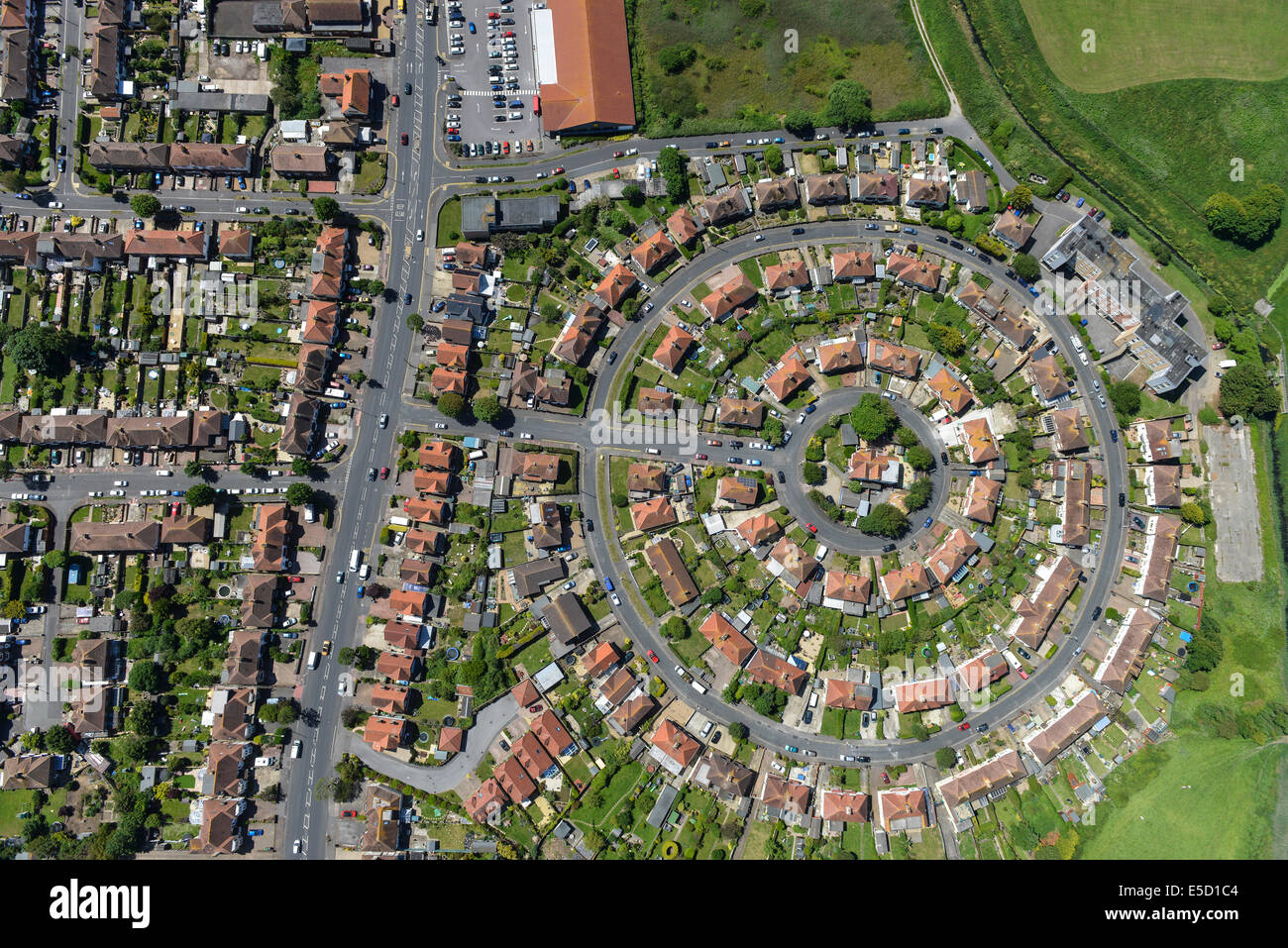 An aerial view of an interesting sub-urban house layout in Eastbourne, East Sussex Stock Photo