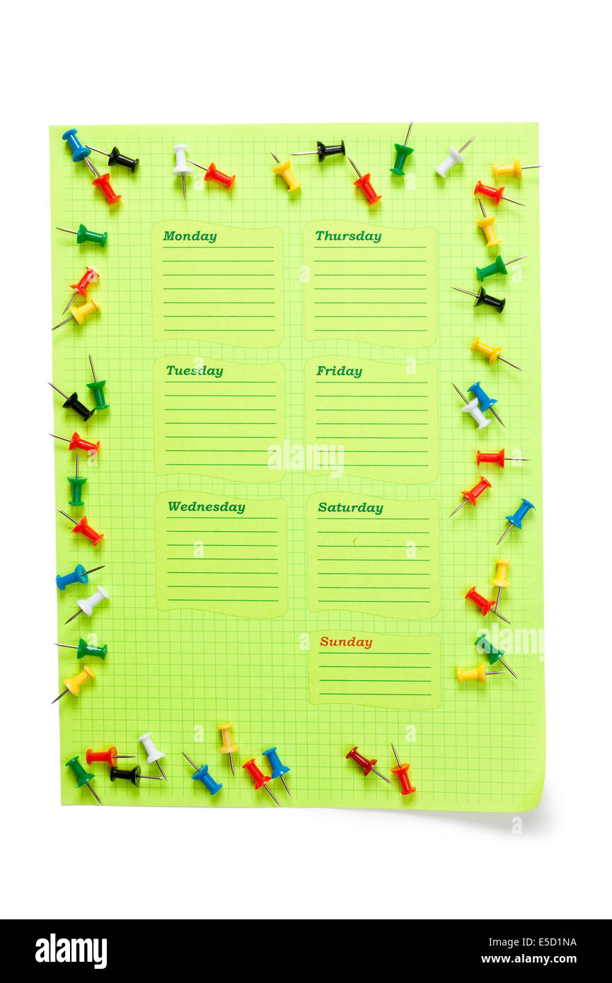 blank school schedule for the week isolated on a white background Stock ...