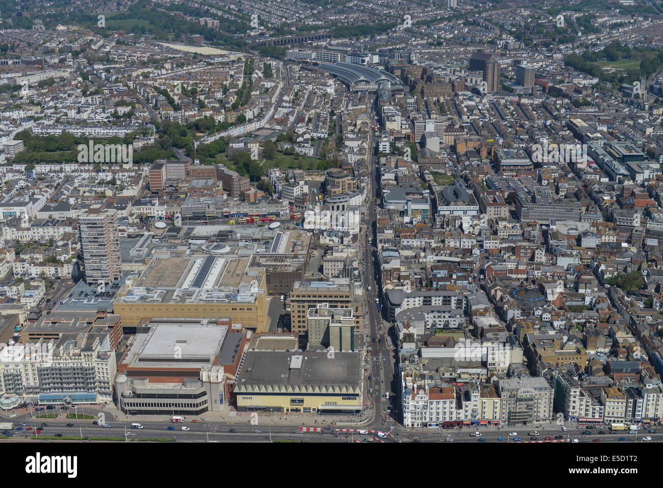 An aerial view of Brighton City centre with the railway station visible. Stock Photo