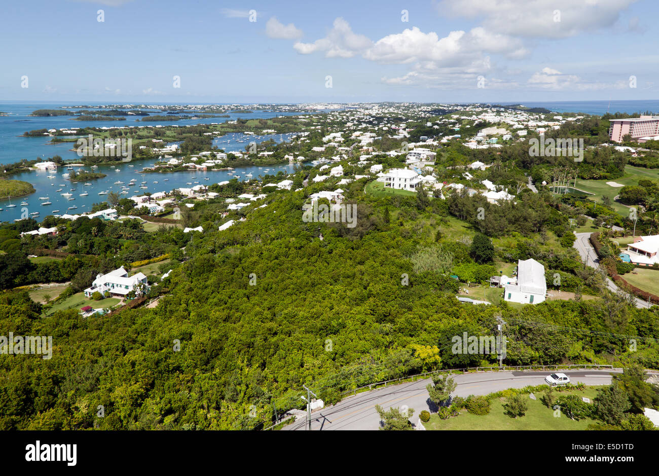 Arial view of the Island of Bermuda, from the Gibb's Hill Lighthouse, looking towards the City of Hamilton. Stock Photo