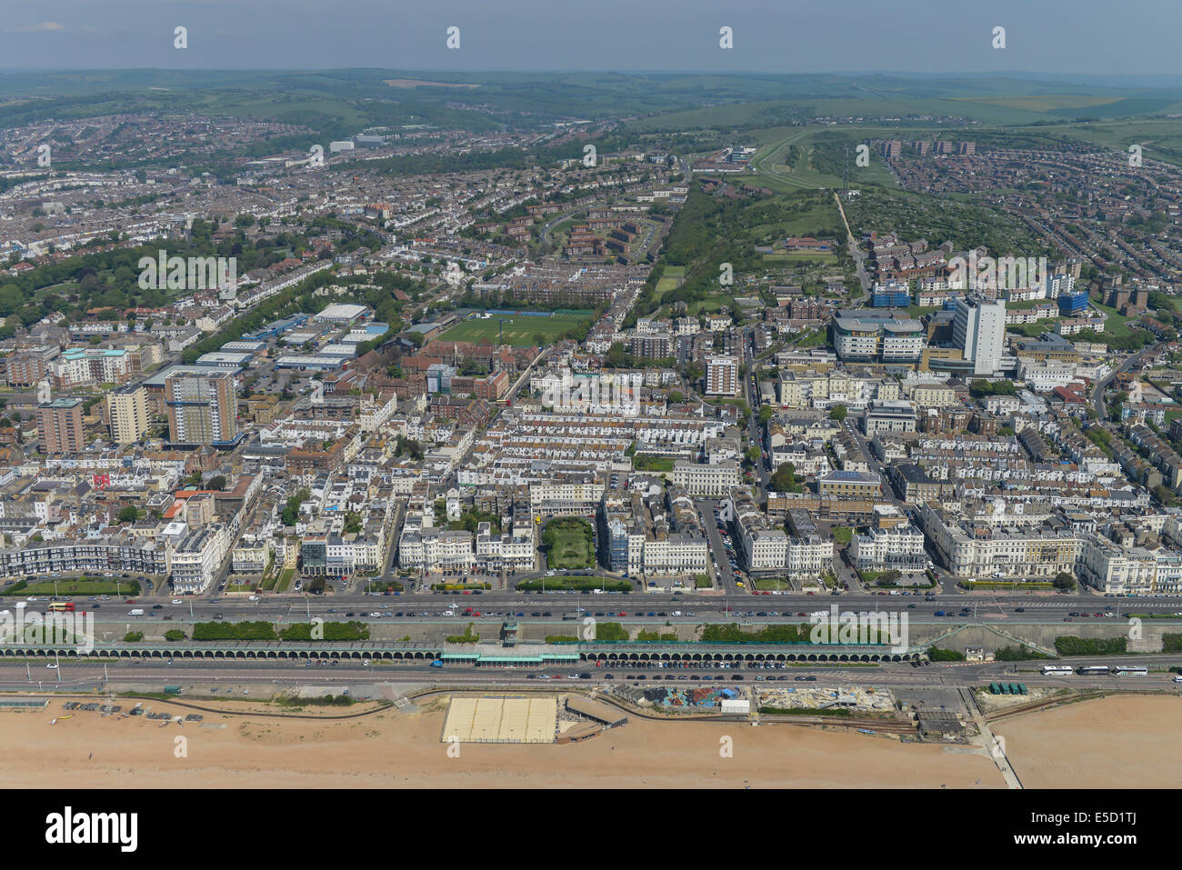 An aerial view looking from the coast to the Kemptown area of Brighton, East Sussex, UK. Stock Photo