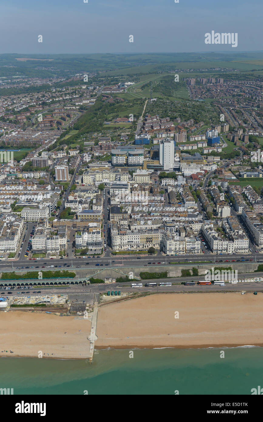 An aerial view looking from the coast to the Kemptown area of Brighton, East Sussex, UK. Stock Photo