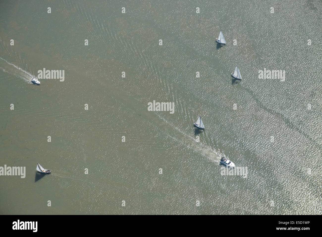 An aerial view of sailing boats on a River in Essex, UK Stock Photo