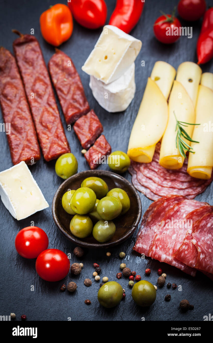 Antipasti and appetizers top view Stock Photo Alamy
