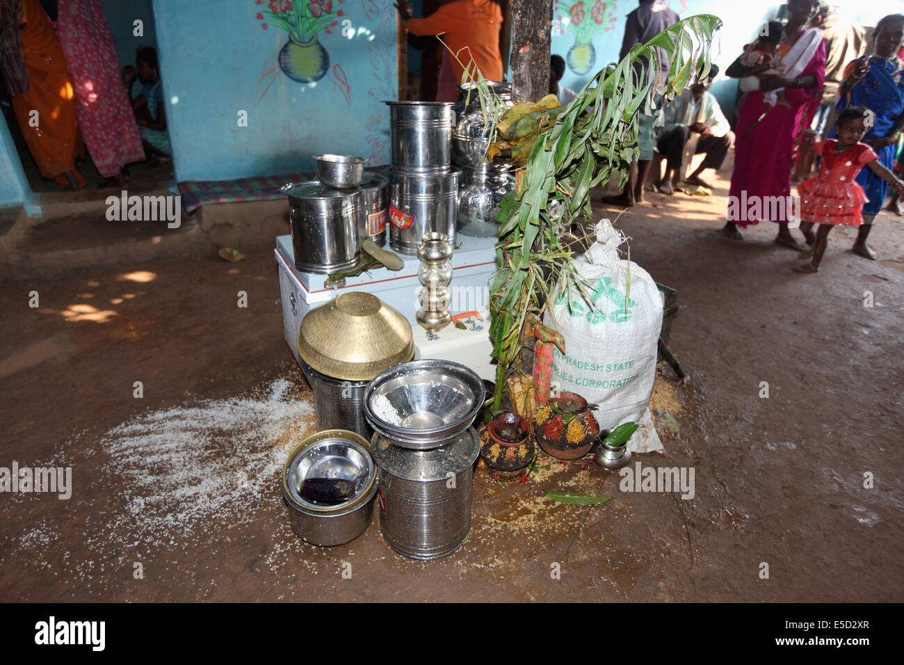 Gifts arranged for a wedding ceremony, Baiga tribe, Chattisgadh, India Stock Photo