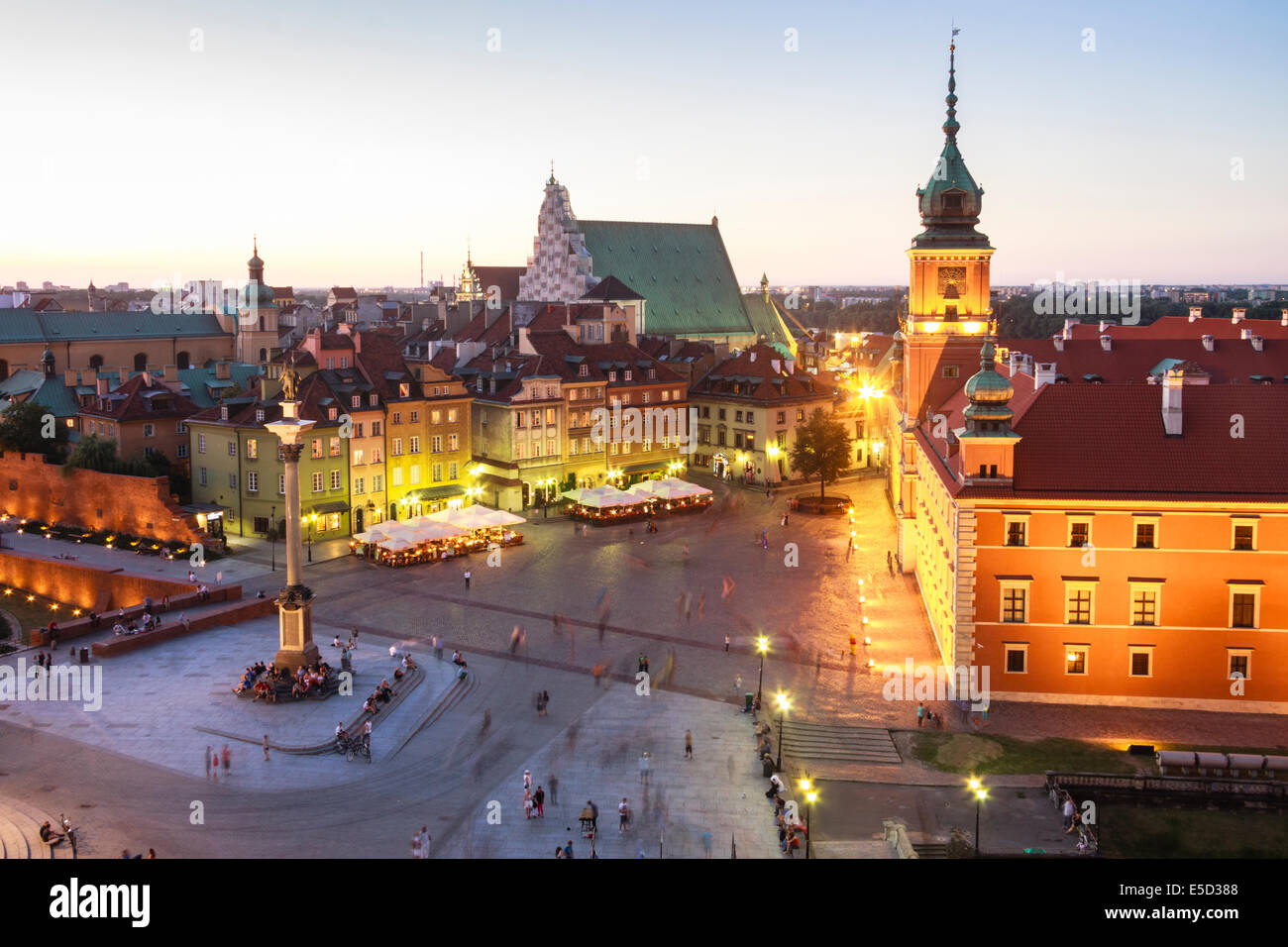 View of the Old Town and the Royal Castle Square at dusk from St. Anne's Church tower. Warsaw, Poland Stock Photo