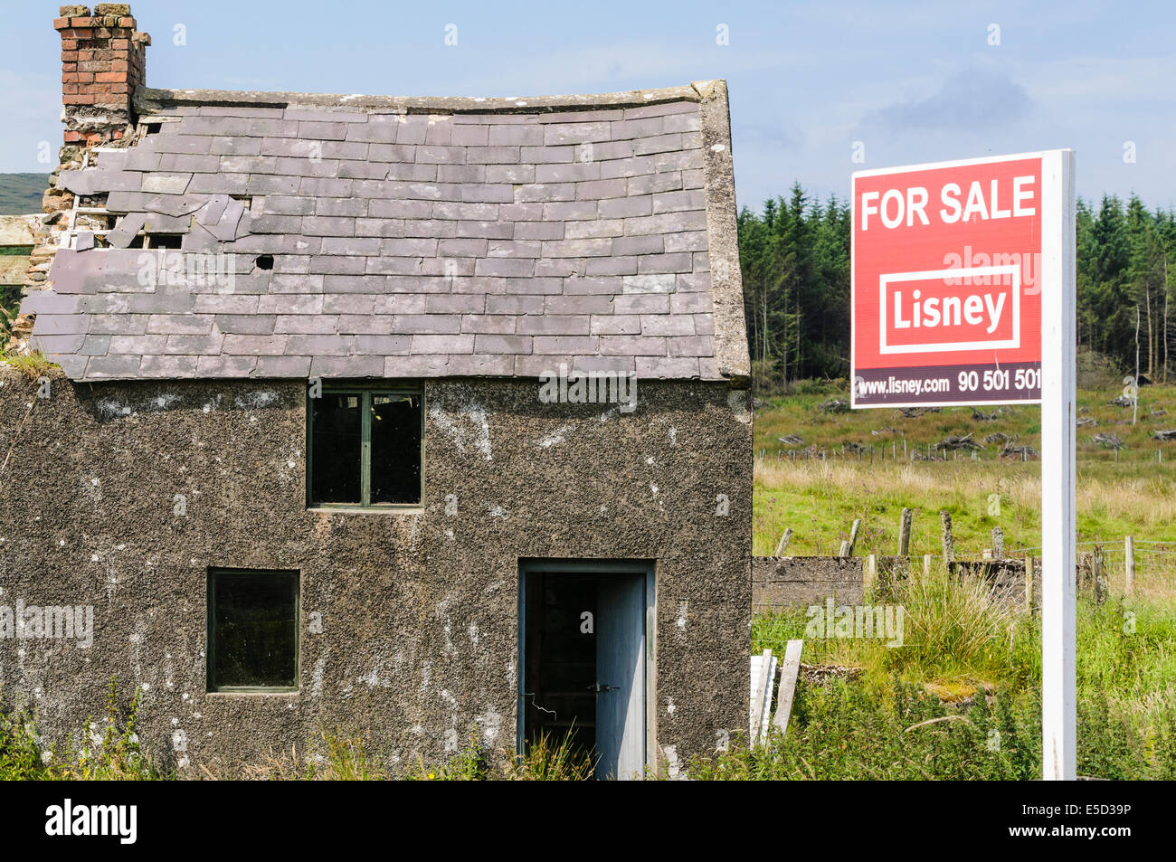 Derelict house in a rural situation with "For Sale" sign Stock Photo