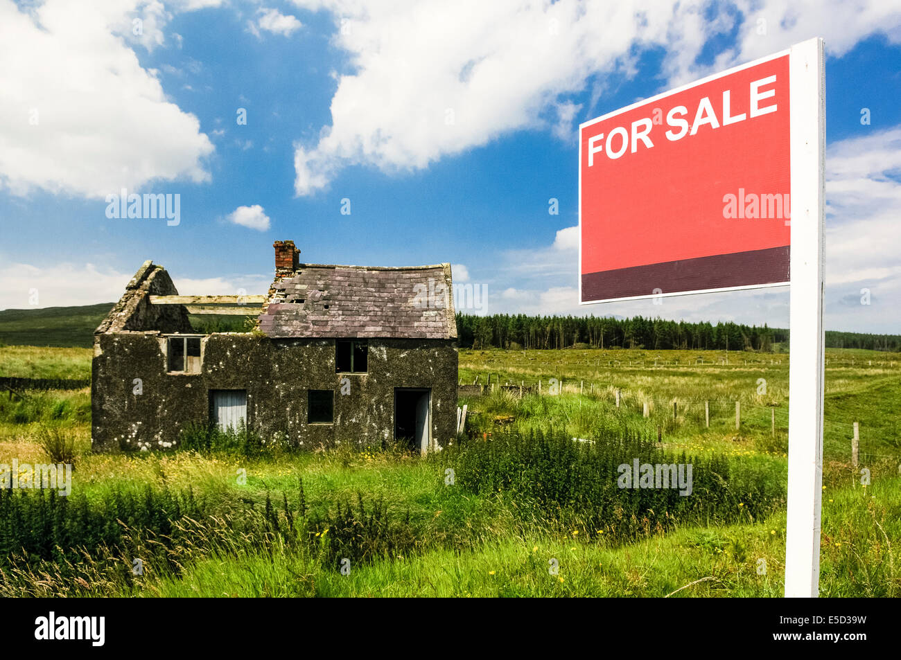 Derelict house in a rural hill top situation with blank "For Sale" sign