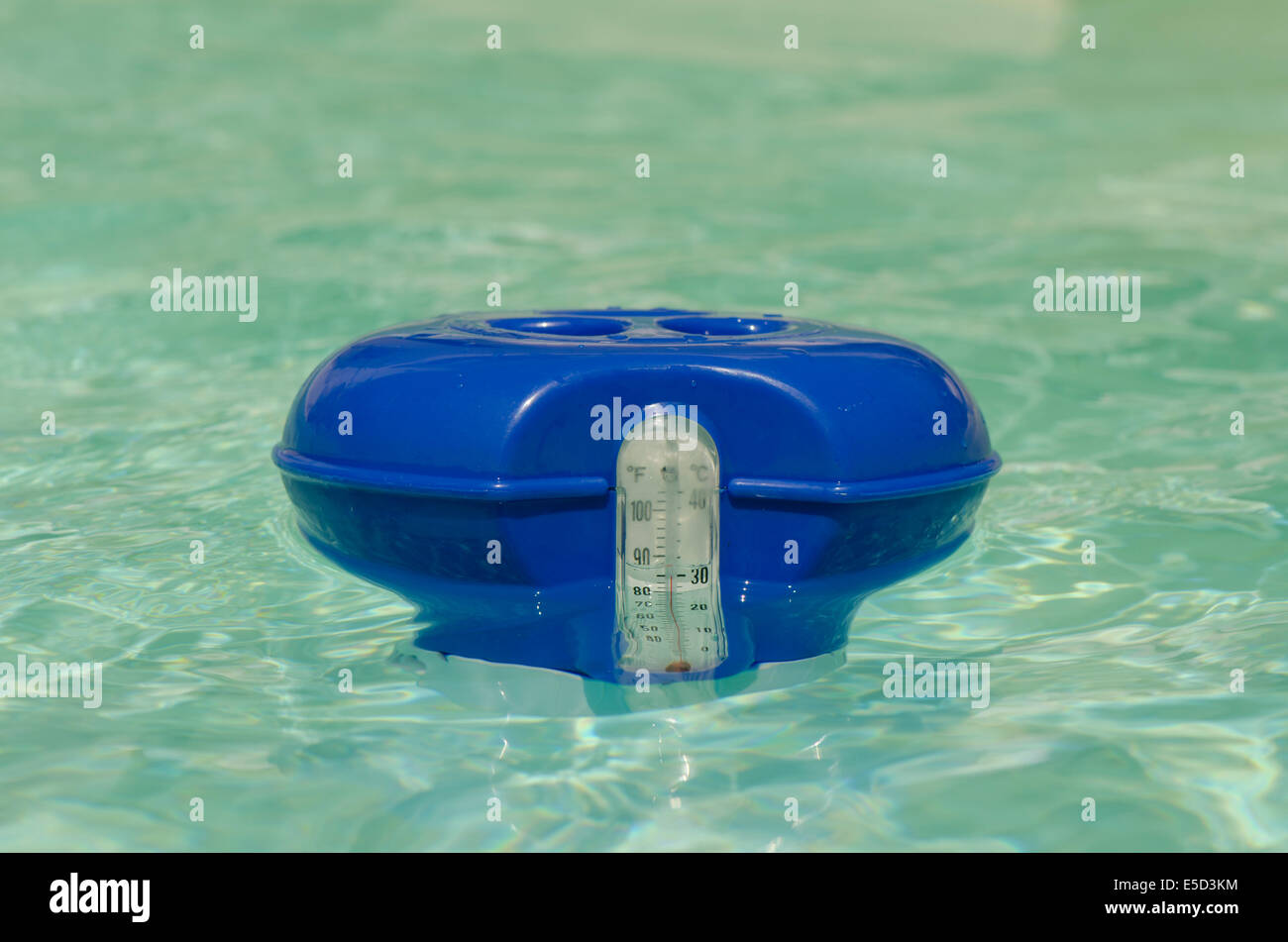 Chlorine container in pool with build in thermometer Stock Photo Alamy